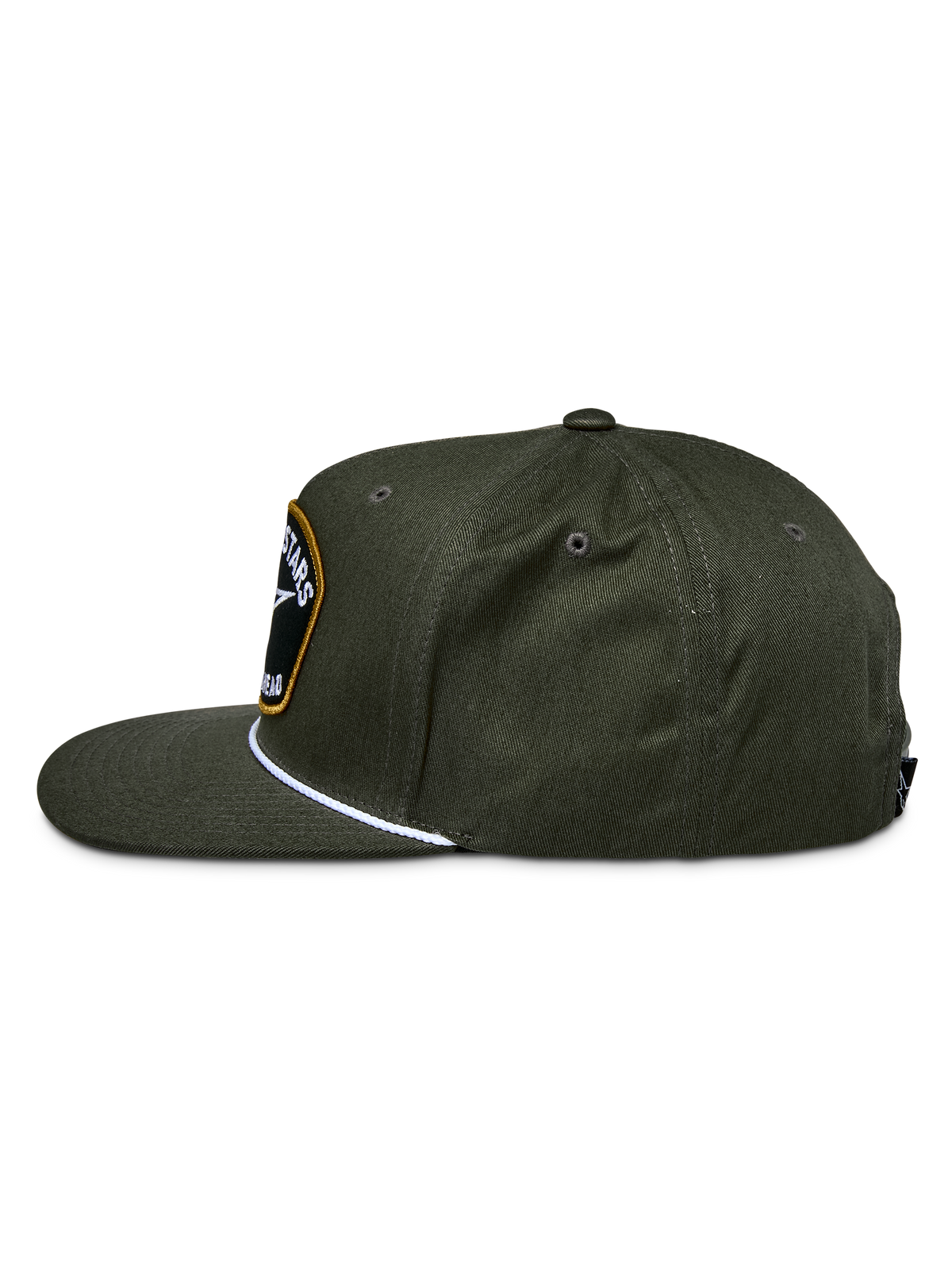 Alpinestars Promptus Snapback Hat, Military Green, side view showing the structured crown and flat bill, featuring a white braided rope detail and a front embroidered logo patch, cotton twill casual headwear