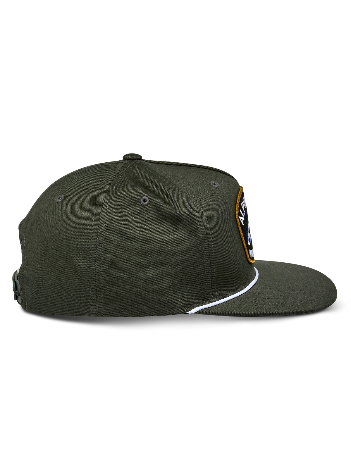 Alpinestars Promptus Snapback Hat, Military Green, side profile view showing the flat bill and structured crown, white braided rope detail at the base of the crown, durable cotton twill fabric, casual sportswear design
