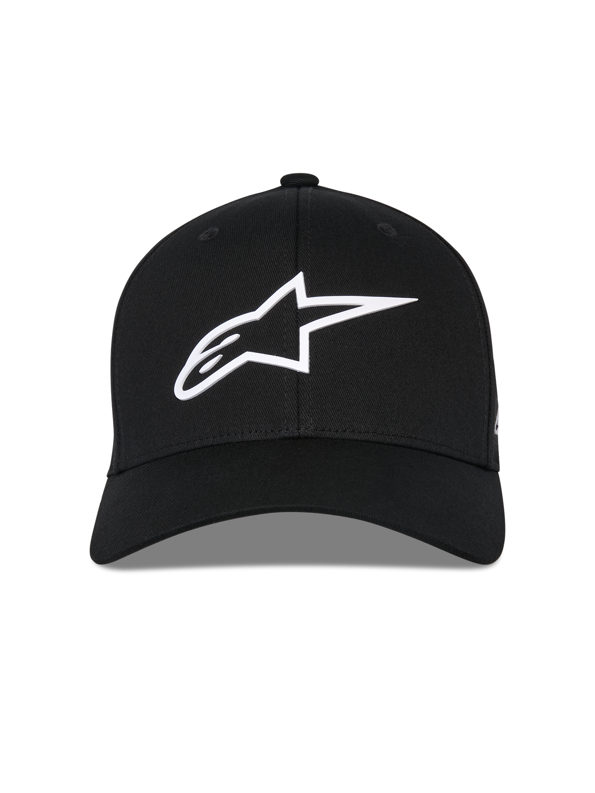 Alpinestars Ageless Multi Hat, Black Baseball Cap, Front View, White 3D Astars Logo, Curved Bill, Structured Crown, Casual Sportswear