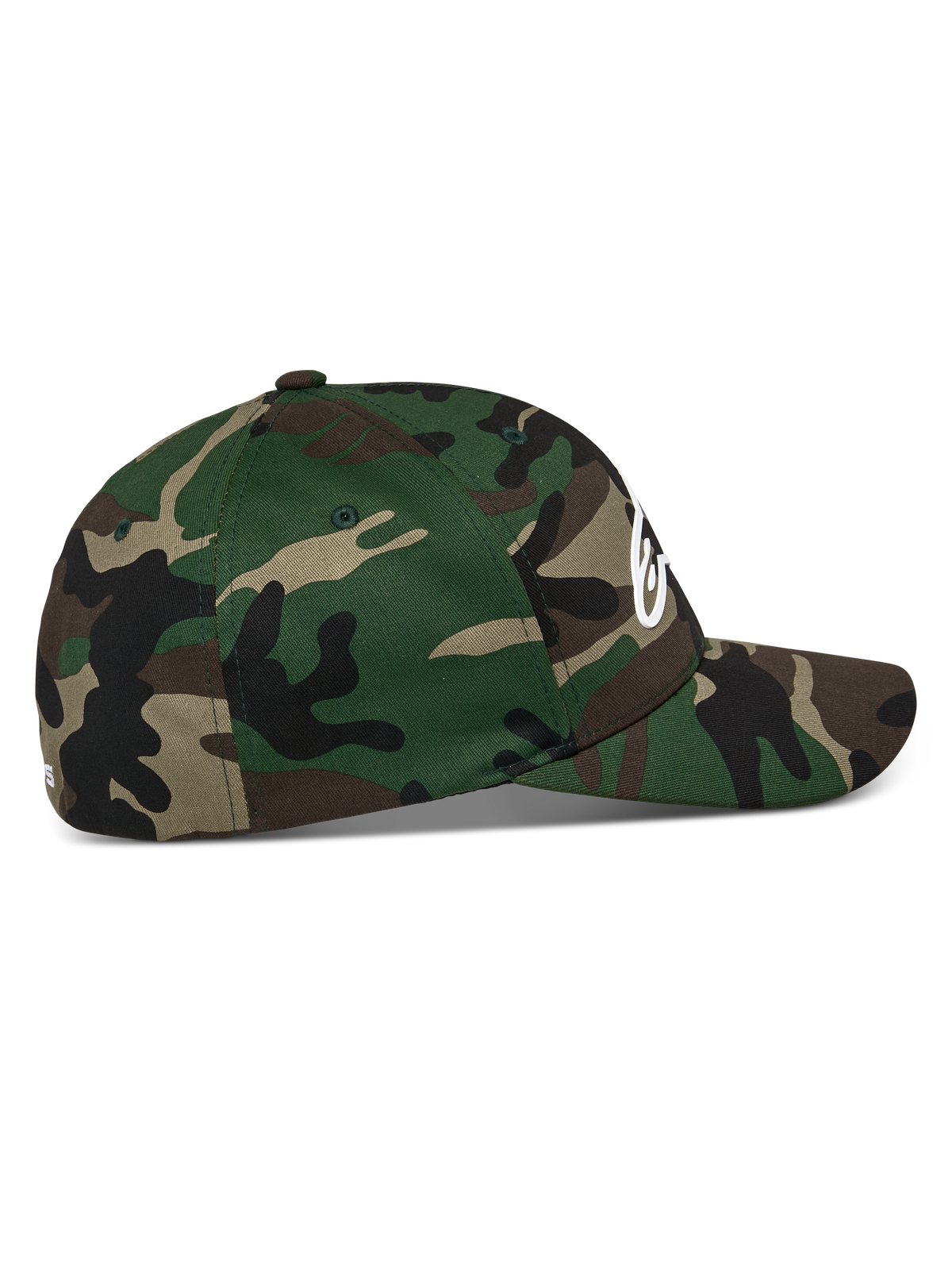 Alpinestars Ageless Multi Hat, Green Camo, side profile view, curved bill with structured crown, stretch twill fabric, white 3D print Astars logo on front and flat embroidery on the back, casual sportswear