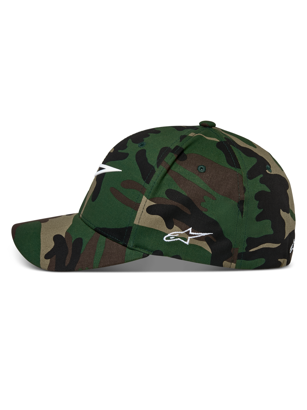 Alpinestars Ageless Multi Hat, Green Camo baseball cap, curved bill with structured crown, white Astars logo on front and side, casual motorsport streetwear
