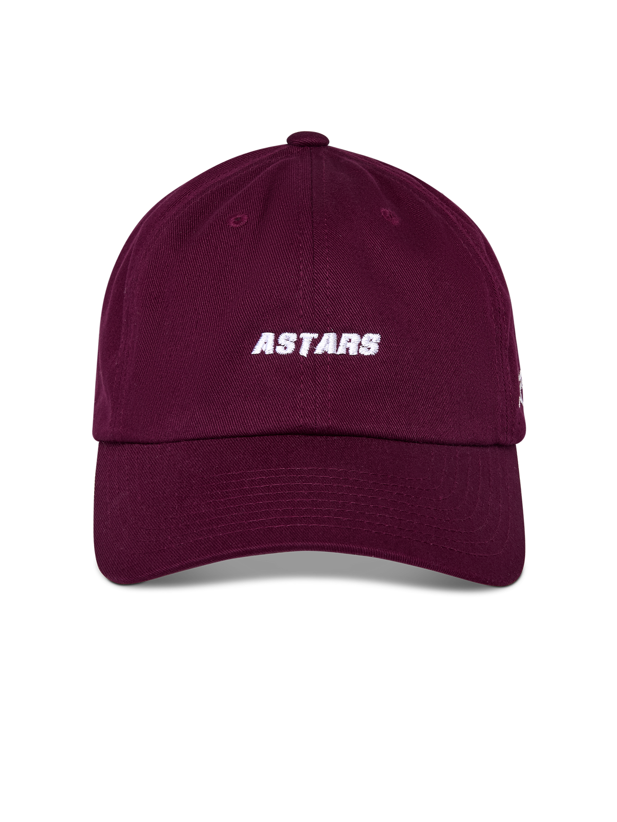 Alpinestars Deduce Strapback Hat, Burgundy, front white ASTARS embroidery, curved bill with unstructured low crown, casual sportswear headwear