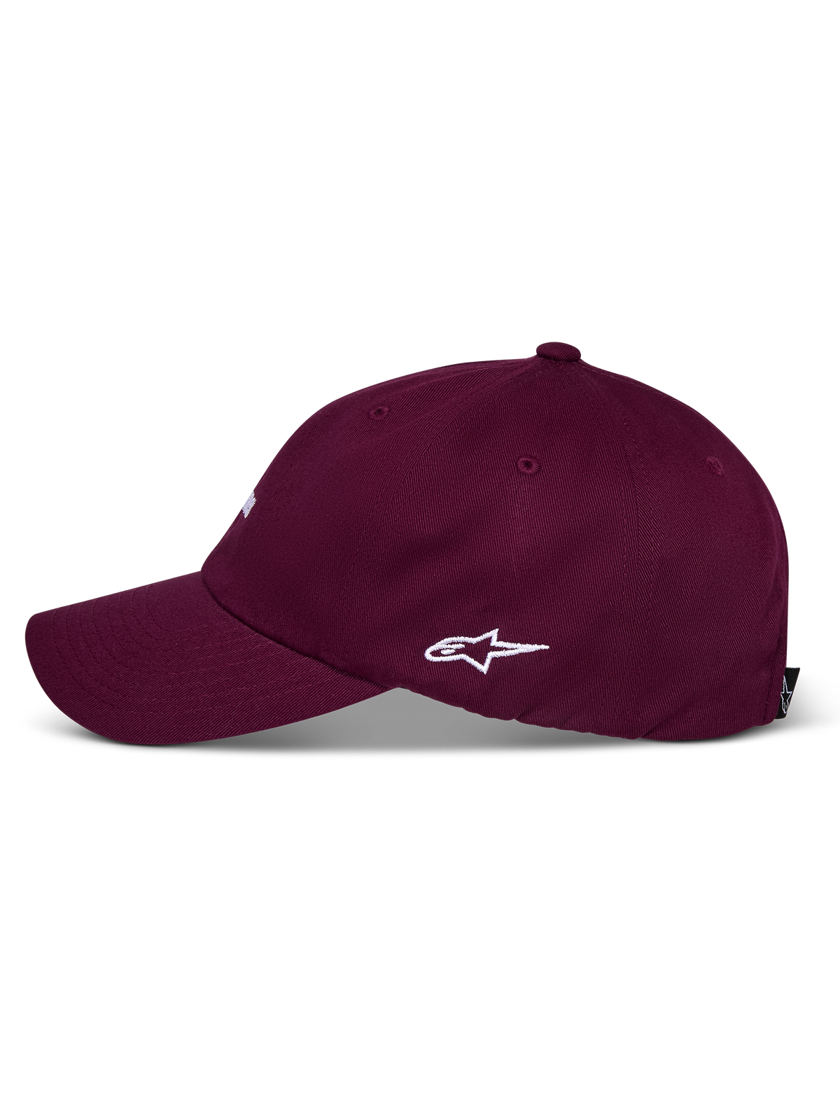 Alpinestars Deduce Strapback Hat, Burgundy, side profile view with white embroidered Astars logo, curved bill, unstructured low crown, casual cotton twill headwear