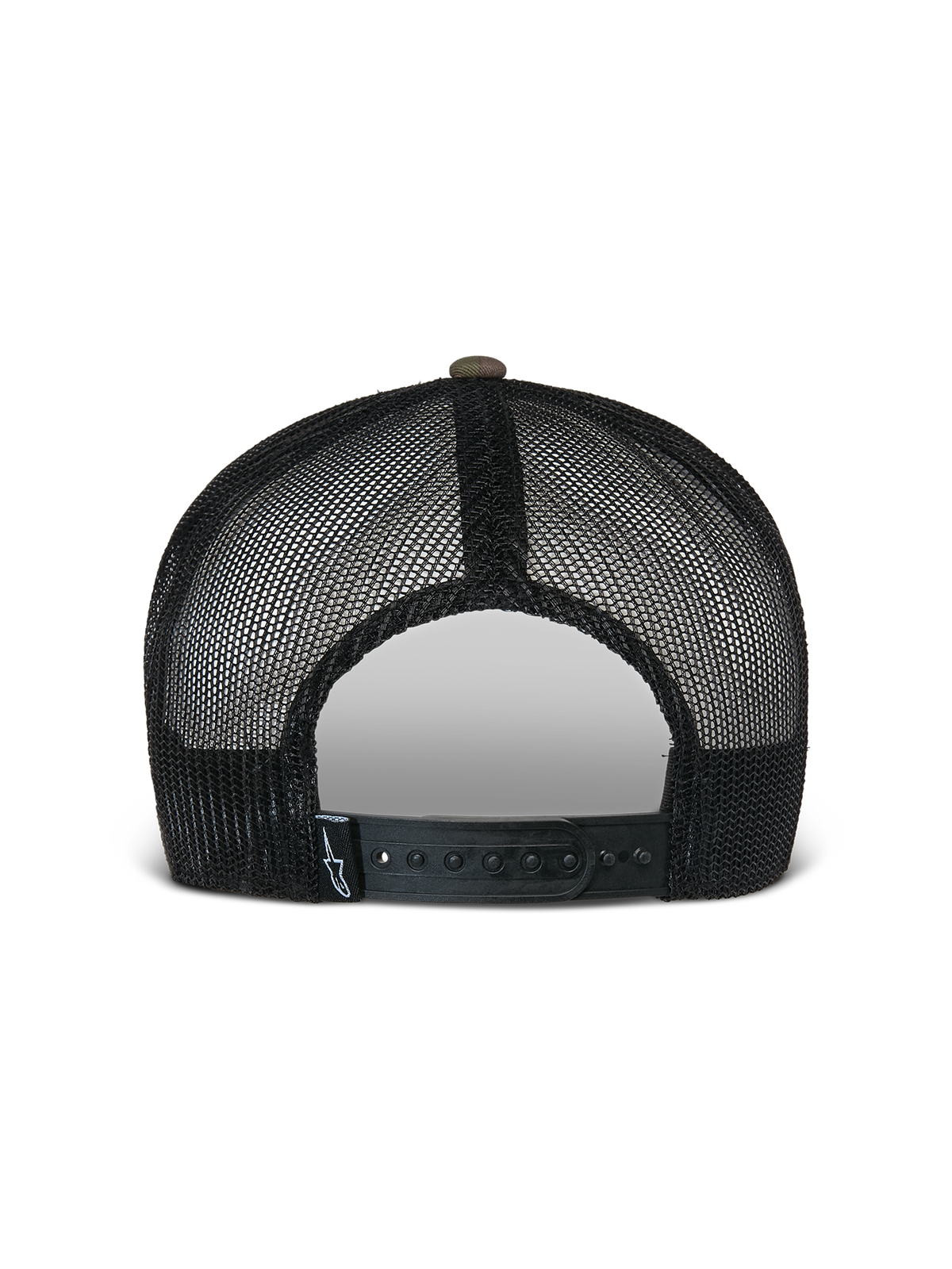 Alpinestars Flag Flat Trucker Hat, Green Camo and Black, back view featuring breathable black mesh panels and an adjustable snapback closure with a small logo label, casual motorsport-inspired headwear