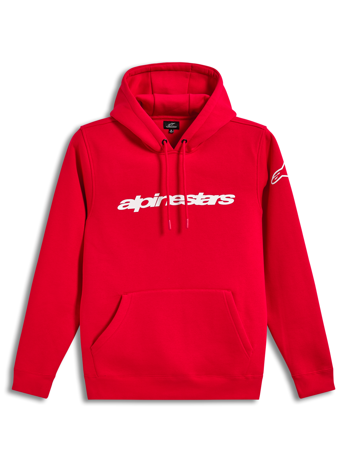 Alpinestars Race Wordmark Hoodie, red cotton-blend pullover fleece with white linear logo and sleeve graphic.