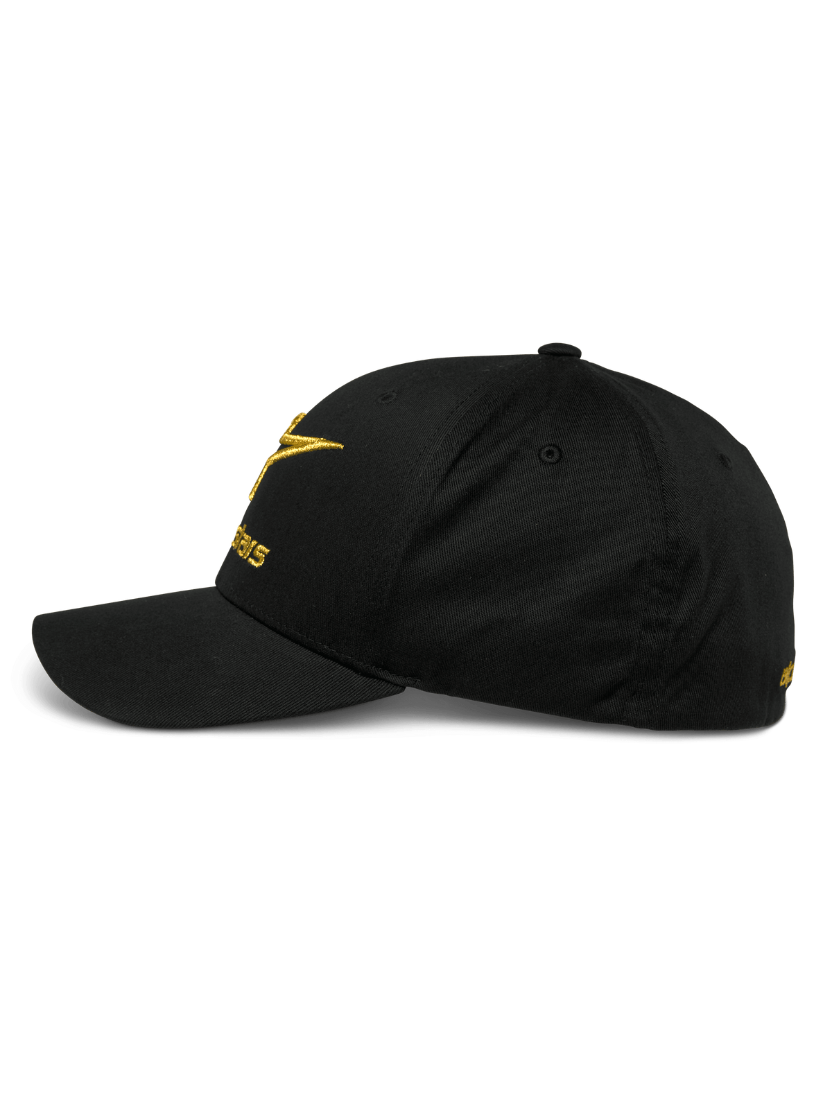Alpinestars Gild Hat, side profile view of a black curved bill baseball cap, gold metallic 3D embroidery logo on front and side, structured crown and stretch twill fabric, casual motorsport sportswear.