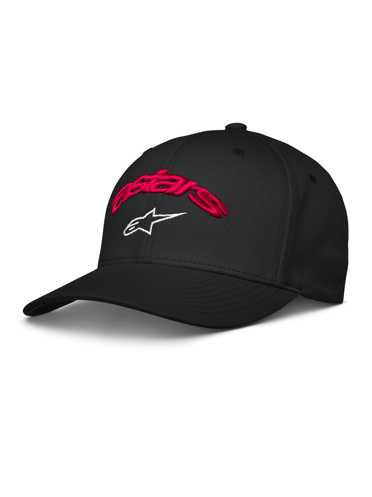 Alpinestars Arcstars Hat, Black Baseball Cap featuring Red 3D Embroidered Astars Script and White Star Logo, Curved Bill, Structured Crown, Casual Motorsport Sportswear