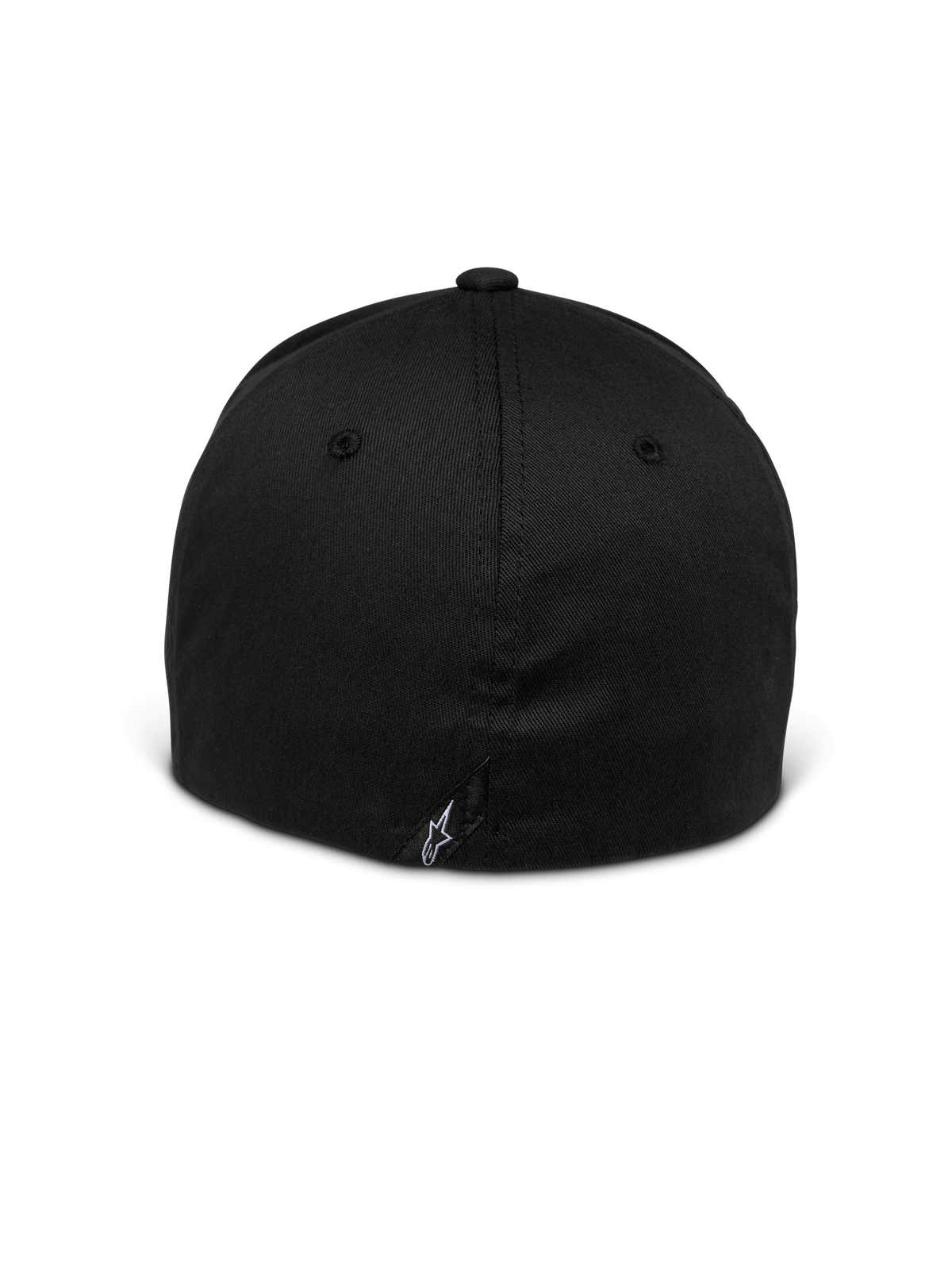 Alpinestars Setting Hat, Flex Back Hat, Black, back view showing closed flex design, small white embroidered star logo on the lower seam, structured crown with stretch twill fabric