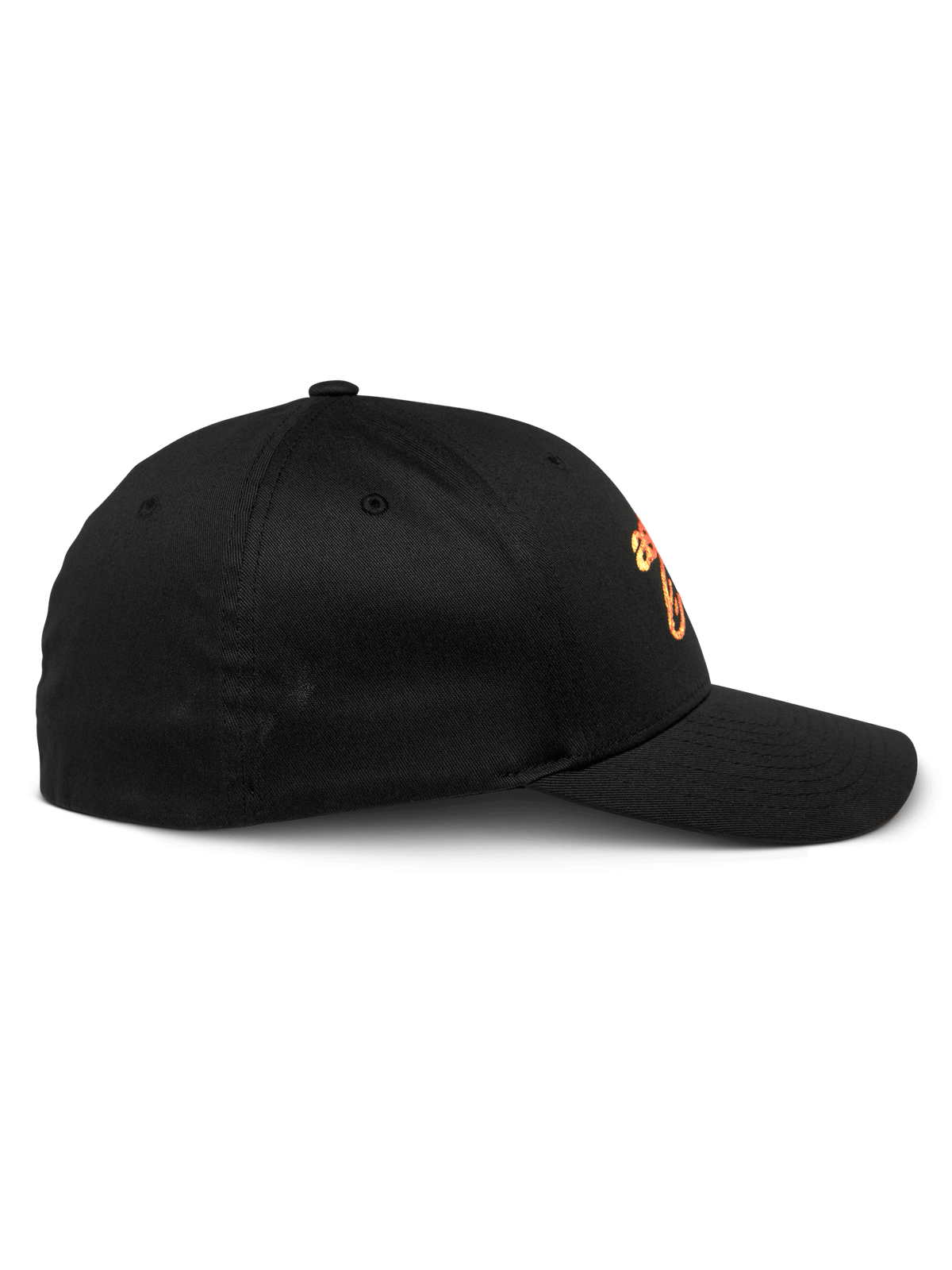 Alpinestars Setting Hat, Black Baseball Cap, side profile view showing curved bill and structured crown, featuring orange gradation embroidered logo, casual sportswear