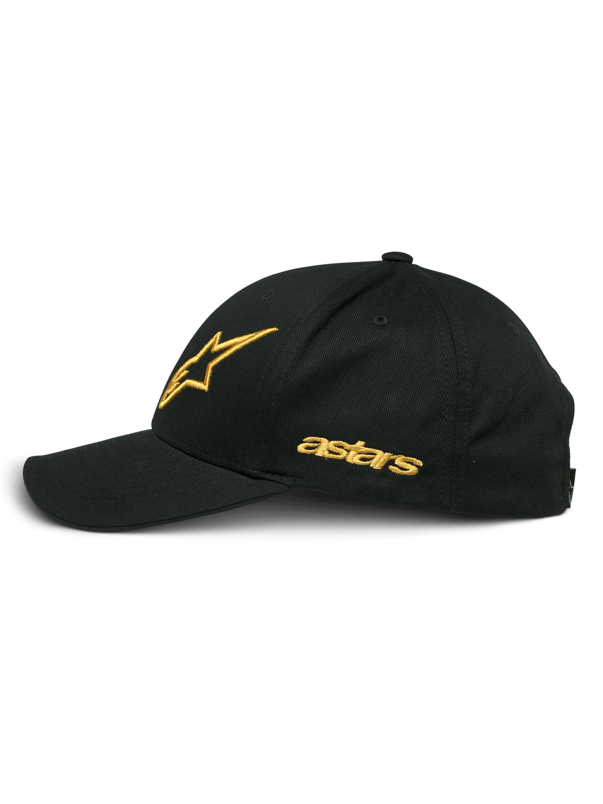 Alpinestars Sessionized Hat, Black and Gold, side profile featuring gold embroidered star logo and astars text, curved bill, structured crown, casual motorsport-inspired headwear.