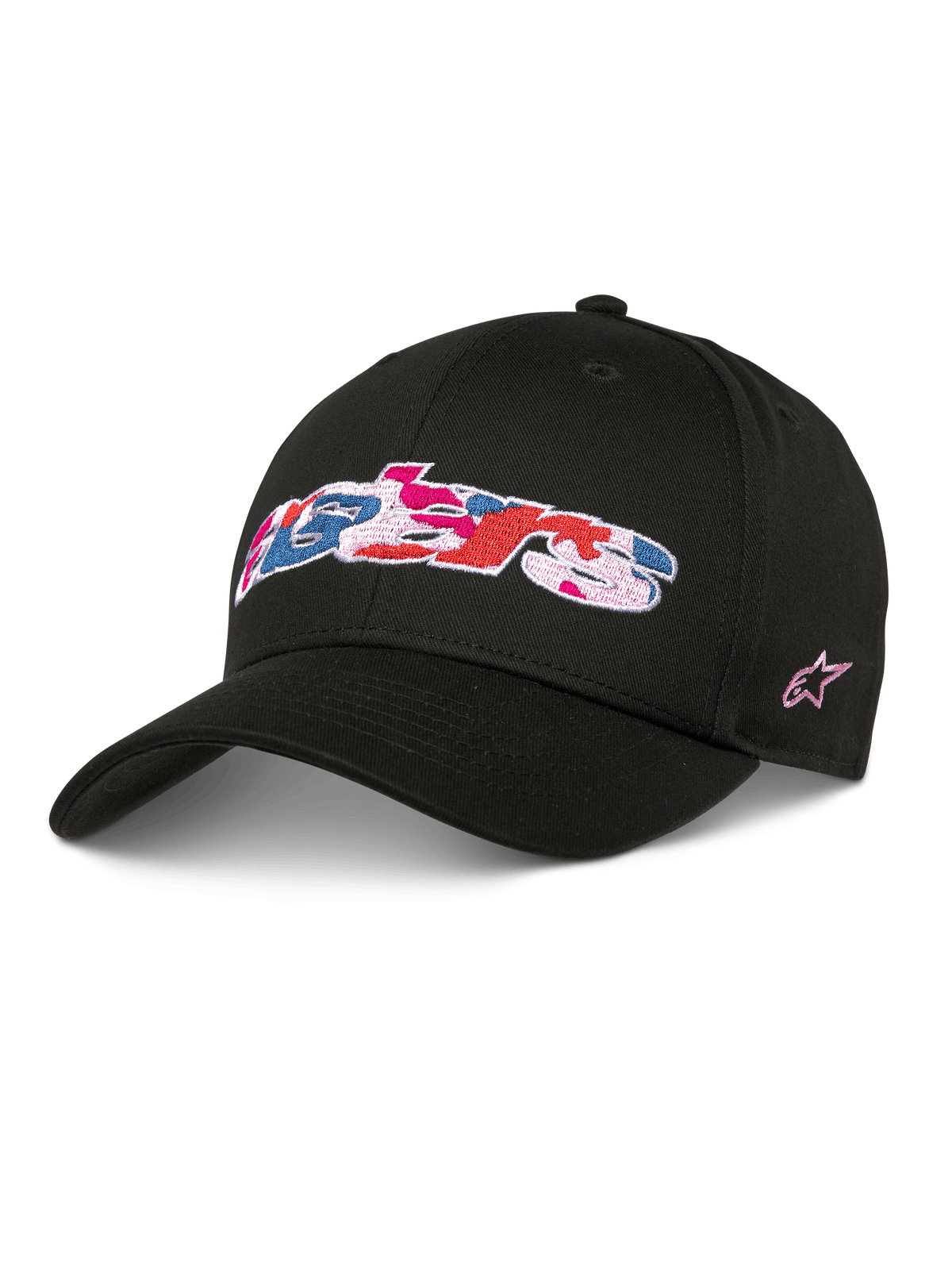 Alpinestars Canyon Hat, Black Snapback Baseball Cap, Curved Bill and Structured Crown, Front Astars logo with pink blue and red camo-fill embroidery, side pink star logo, casual cotton twill streetwear
