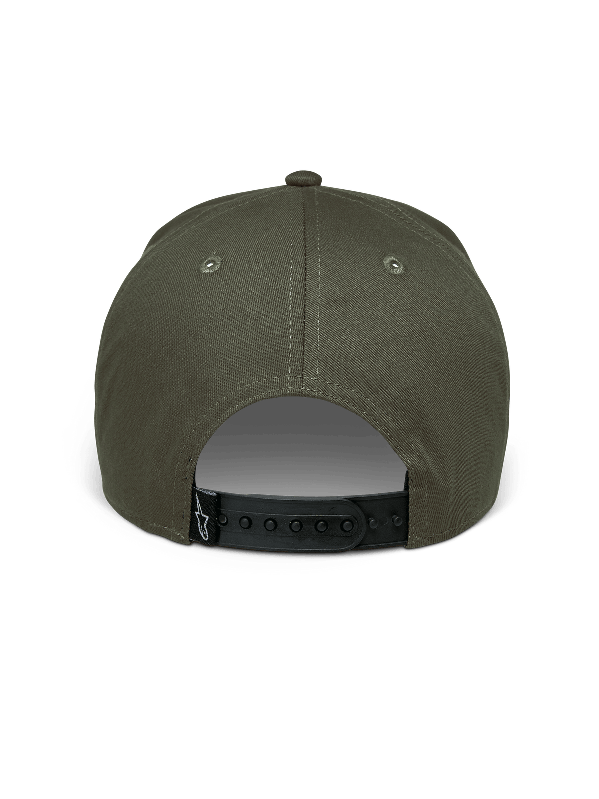 Alpinestars Canyon Hat, Military Green, back view showing adjustable black snapback closure, structured crown in cotton twill fabric, small black woven label with white Astars logo, casual motorsport headwear