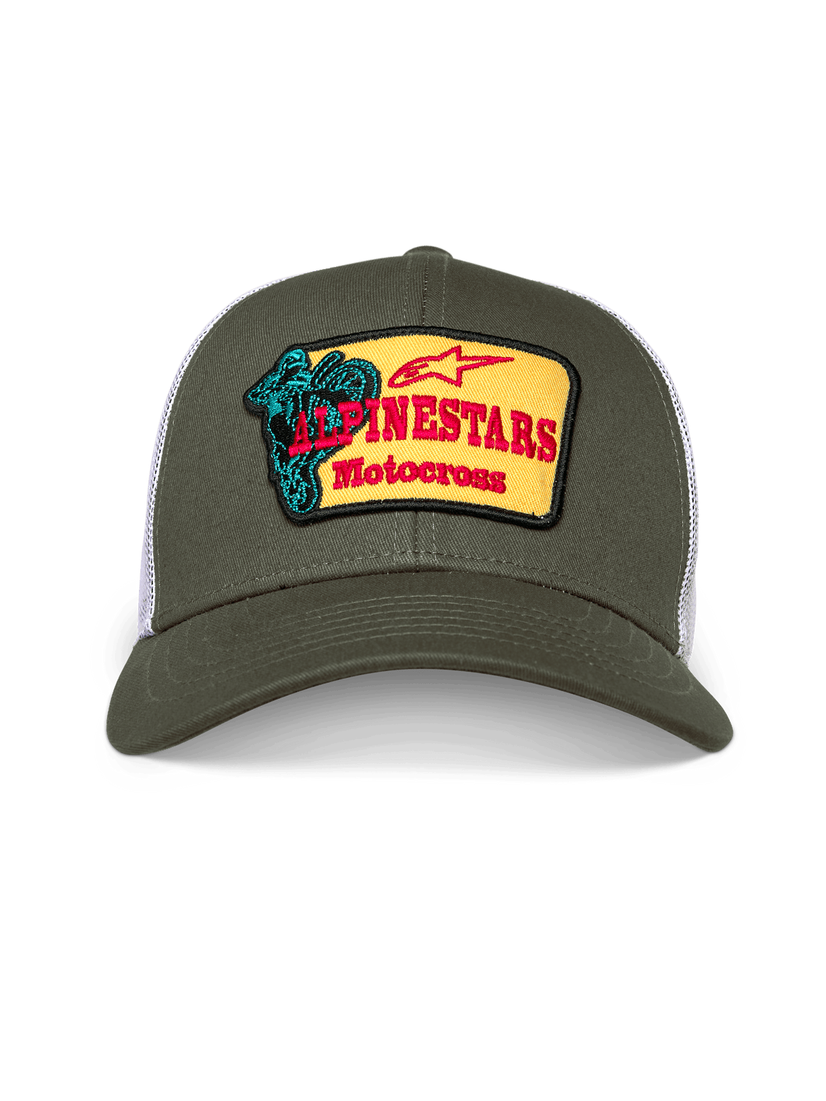 Alpinestars Hardware Trucker Hat, olive green and white trucker cap, structured crown with curved bill, yellow embroidered front patch with red Alpinestars Motocross branding and teal rider graphic, casual motorsport streetwear