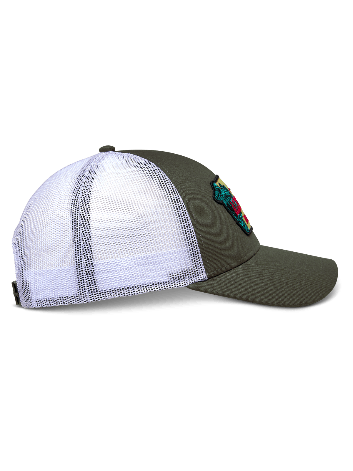 Alpinestars Hardware Trucker Hat, Side Profile View, Military Green with White Poly Mesh Back, Curved Bill and Structured Crown, Featuring an Embroidered Patch, Casual Motorsport-Inspired Headwear