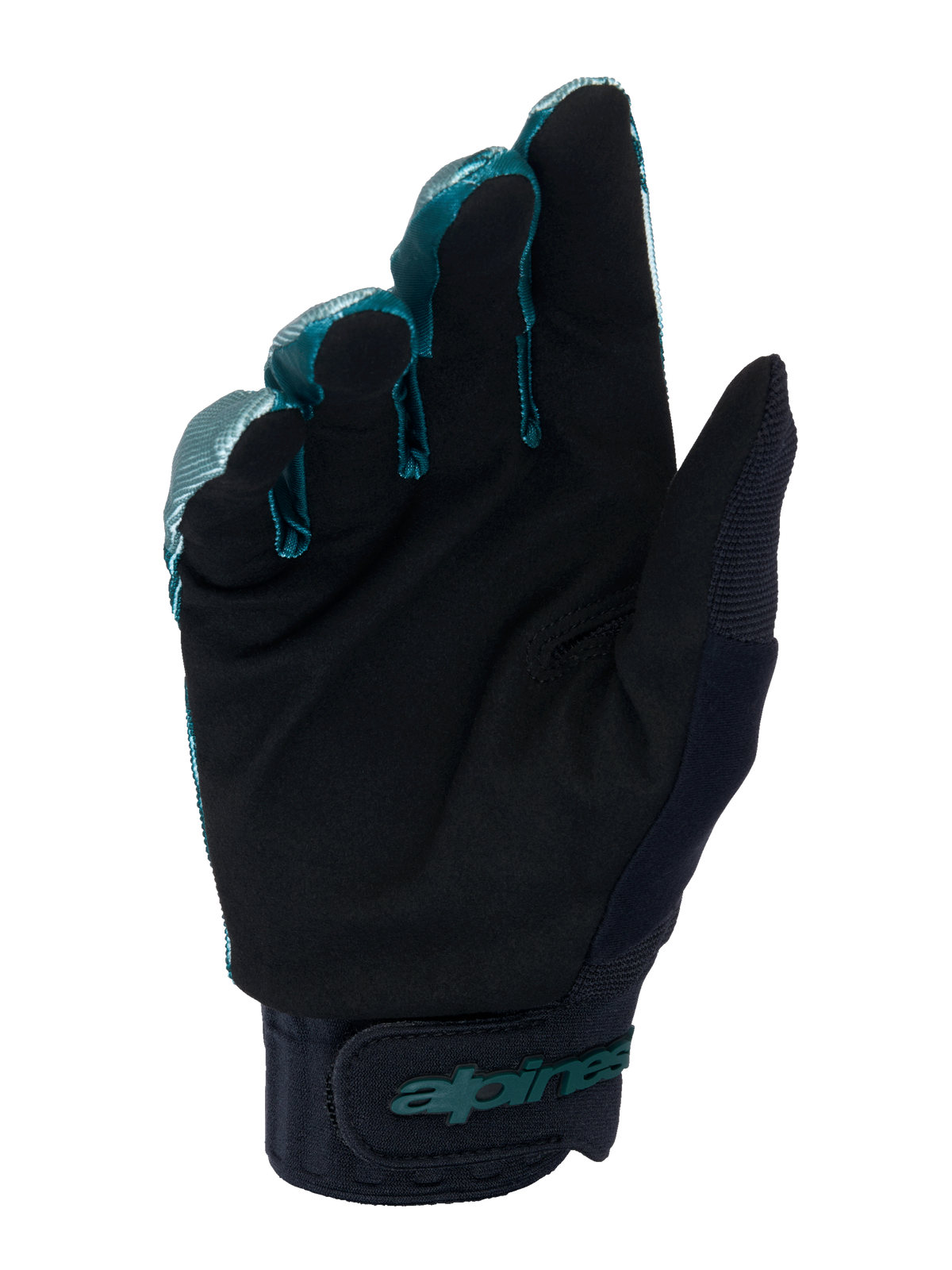 Alpinestars A-Dura Gloves, MTB Cycling Gloves, Green Camo and Black, palm-side view showing black synthetic suede material, neoprene cuff with adjustable hook-and-loop strap, teal Alpinestars branding, professional off-road gear