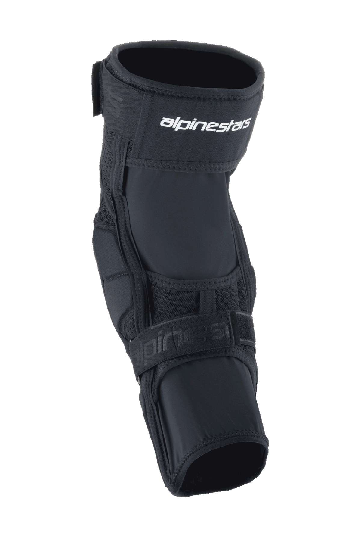 Alpinestars A-Impact Plasma Elite Knee Protector, Cycling Knee Protector, Black and White, featuring a dual strap closure system with white Alpinestars logo, mesh panels, and an ergonomic pre-curved design for MTB impact protection