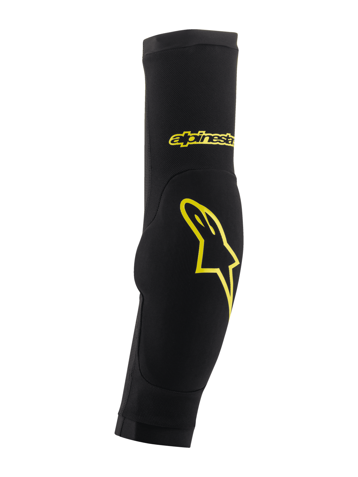 Alpinestars Paragon Plus Elbow Protectors, Black and Acid Yellow, slip-on sleeve design with integrated padding, featuring yellow star logo and script branding, breathable mesh for MTB protection