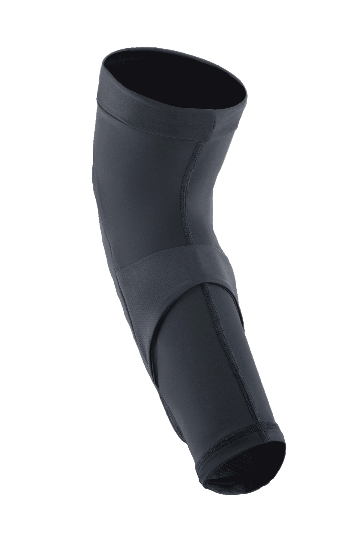 Alpinestars A-Motion Plasma Pro Elbow Protector, Black, slip-on MTB elbow guard with breathable stretch mesh, central compression band, and pre-curved ergonomic design for cycling