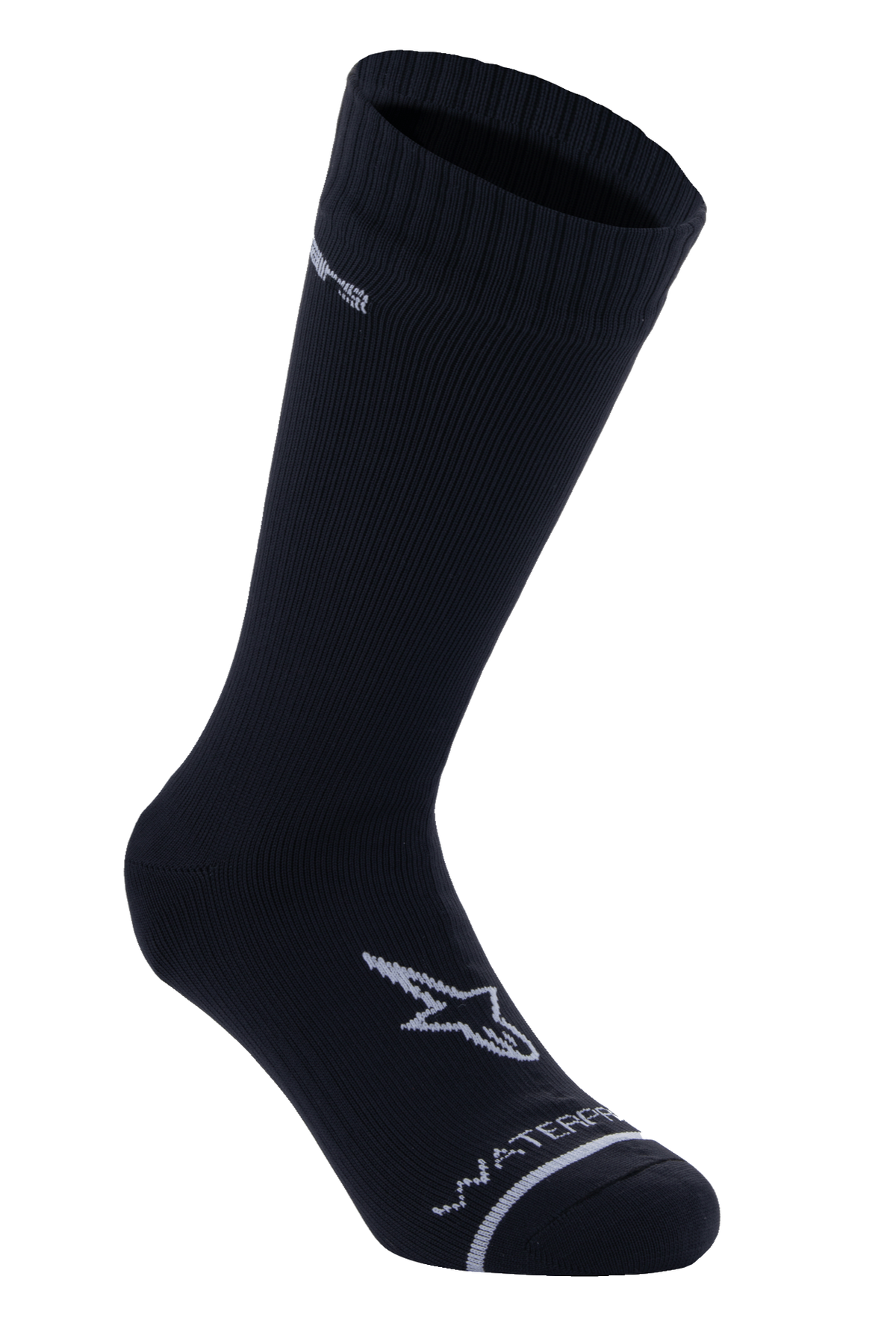 Alpinestars A-Dura Waterproof Socks, Black, Mid-calf Cycling Socks, Ribbed Texture on cuff, White A-star Logo on foot, Waterproof lettering on toe, Technical MTB Base Layer