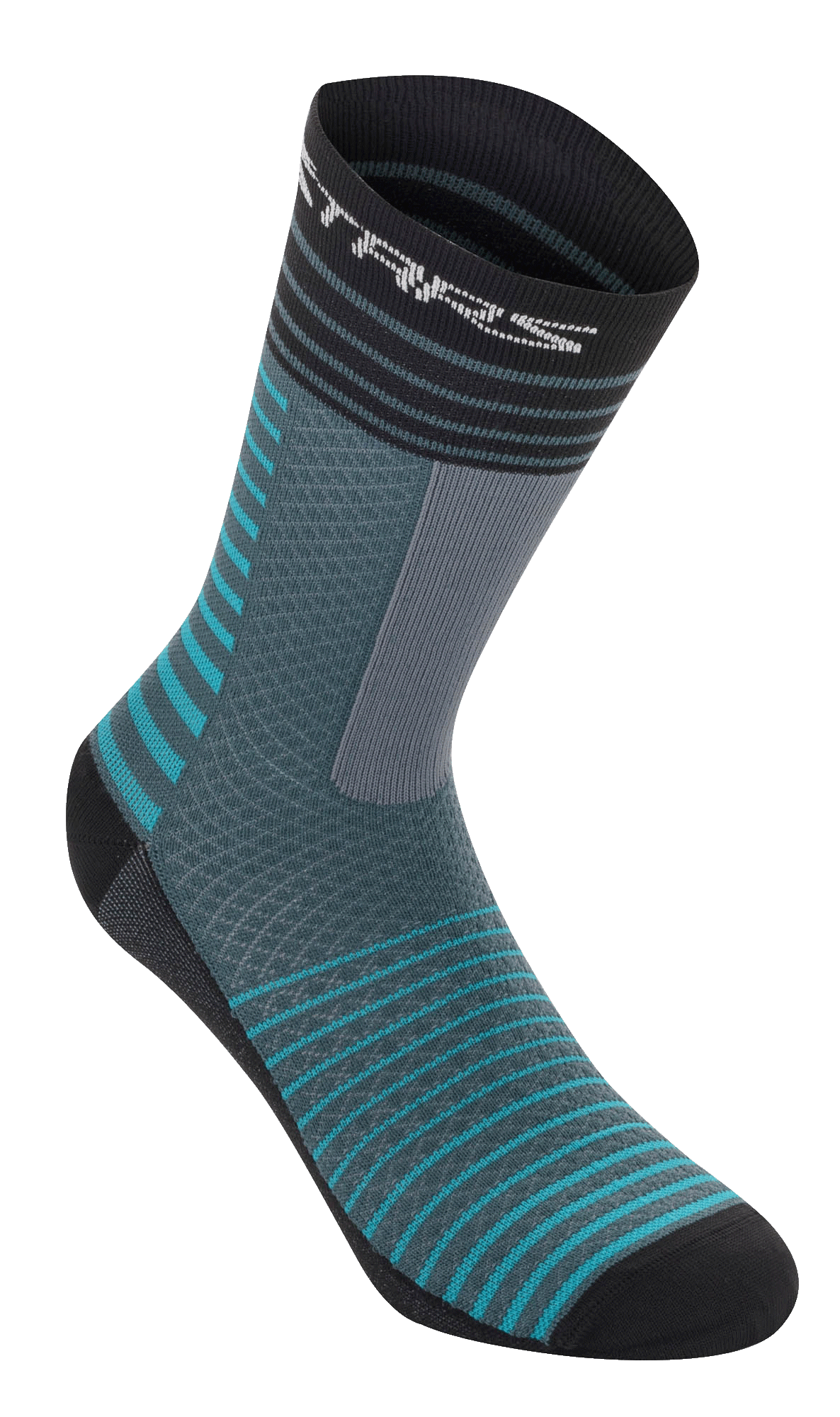 Alpinestars Drop Socks 19, Cycling Socks, Atlantic Ceramic and Gray, horizontal teal and black stripe design, breathable mesh construction, mid-calf length, performance gear for mountain biking
