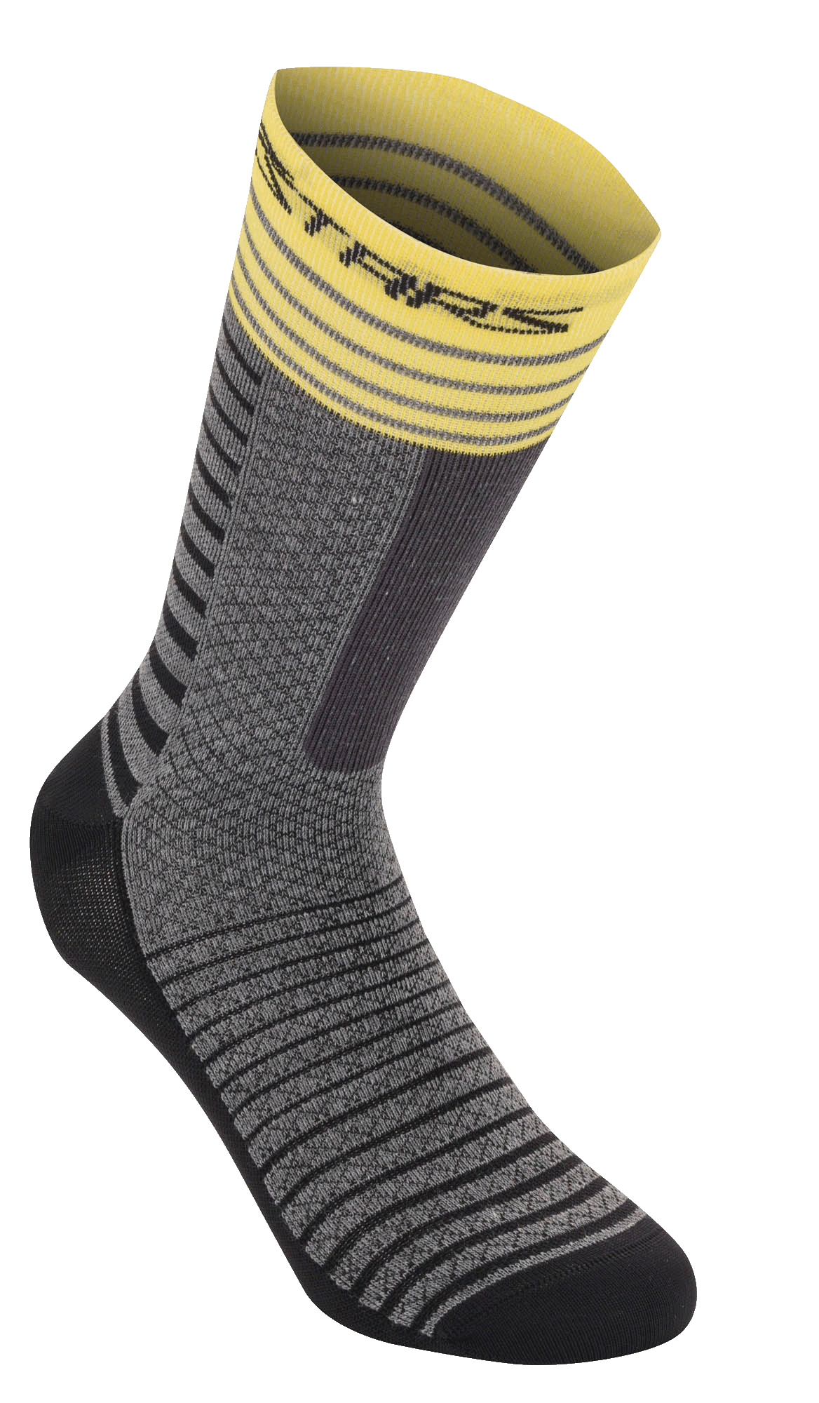 Alpinestars Drop Socks 19, Cycling Socks, Mid Gray and Yellow, featuring a yellow ribbed cuff with stripes, gray textured body with black horizontal patterns, black reinforced heel and toe, breathable performance MTB gear
