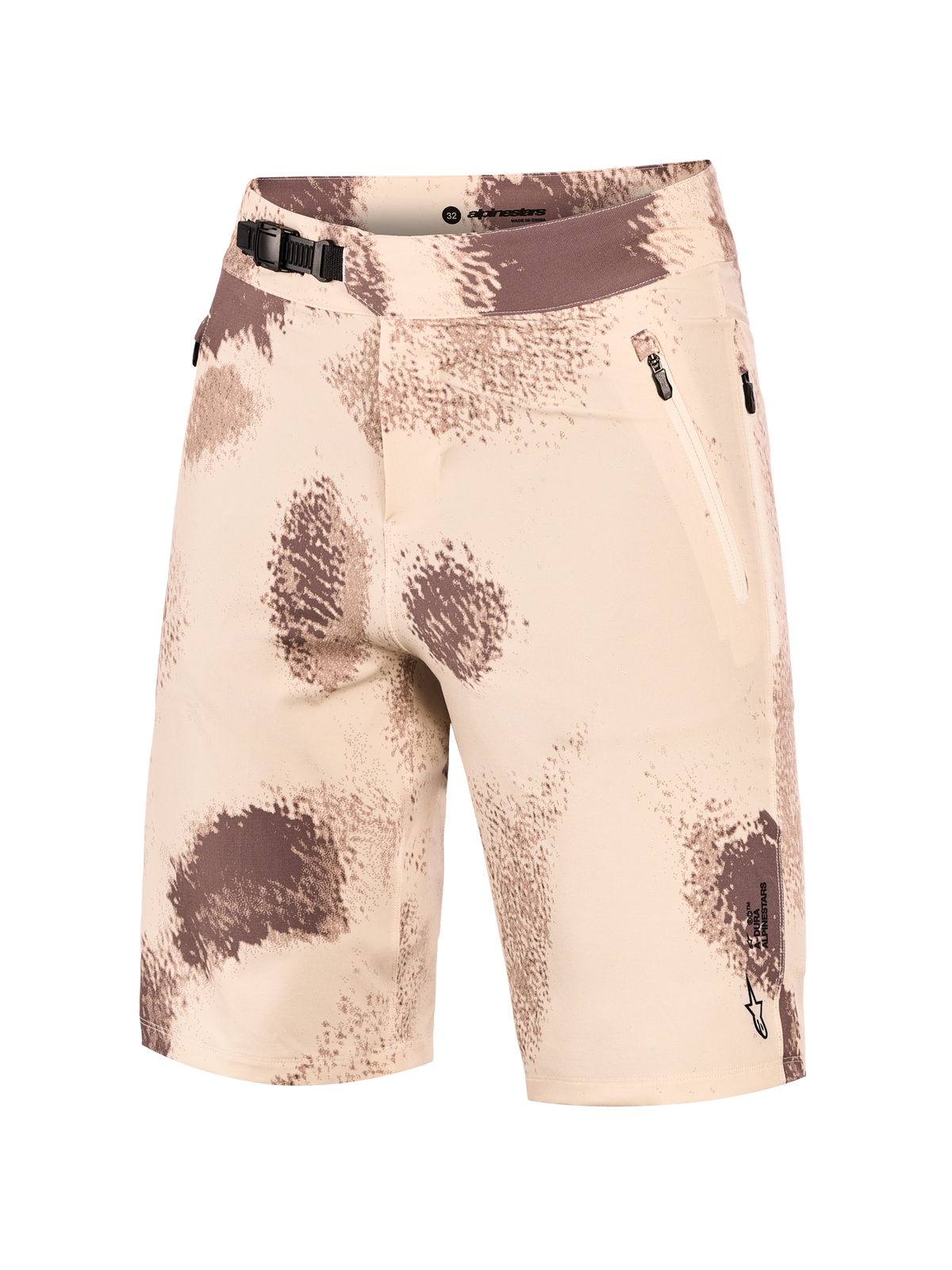 Sand camo A-Dura Ride Shorts featuring a ratchet waist closure, zippered pockets, and durable 4-way stretch MTB fabric.