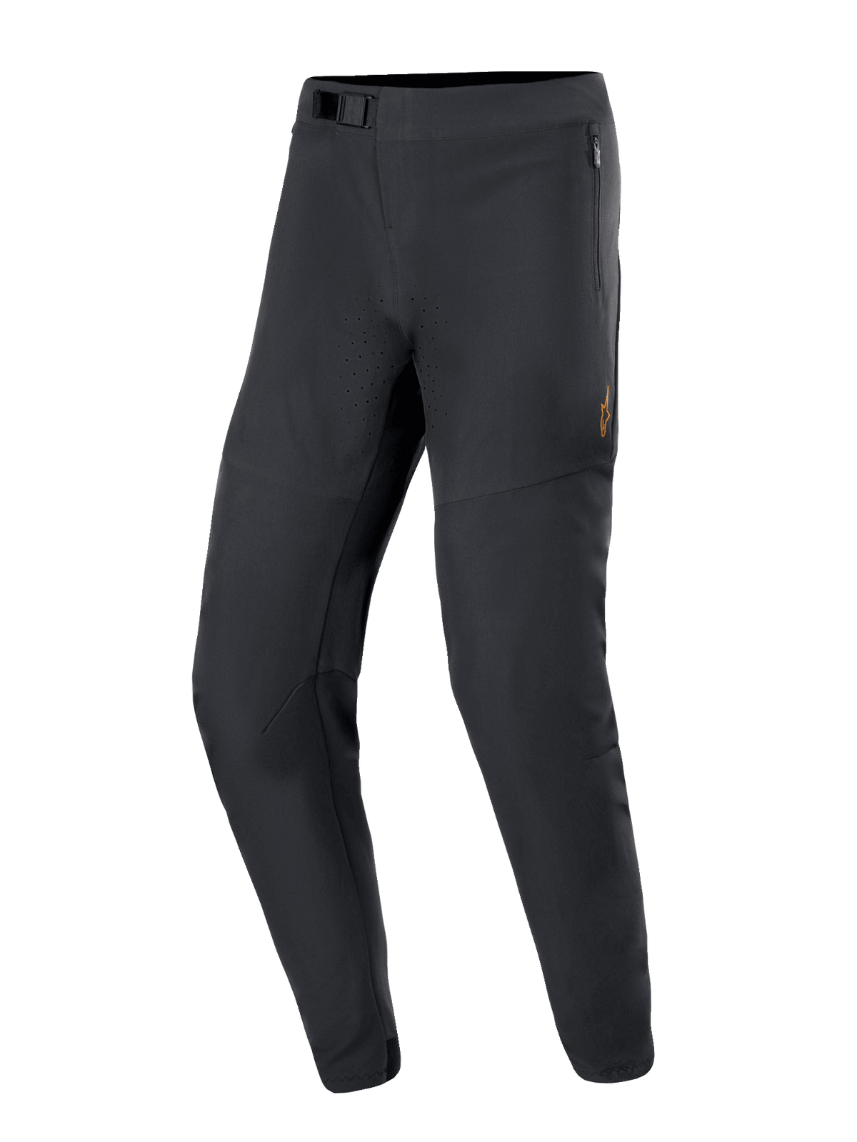 Alpinestars A-Aria Elite Pants, Mountain Bike Pants, Black, featuring laser perforations for airflow, magnetic buckle closure, and zippered pockets, sleek tapered design for off-road performance cycling