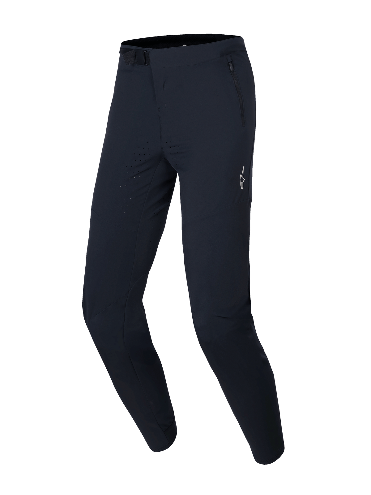 Alpinestars A-Aria Elite Pants, MTB Cycling Pants, Black Titanium, featuring laser-perforated ventilation on the thighs, magnetic buckle closure at the waist, and zippered pockets for off-road performance.