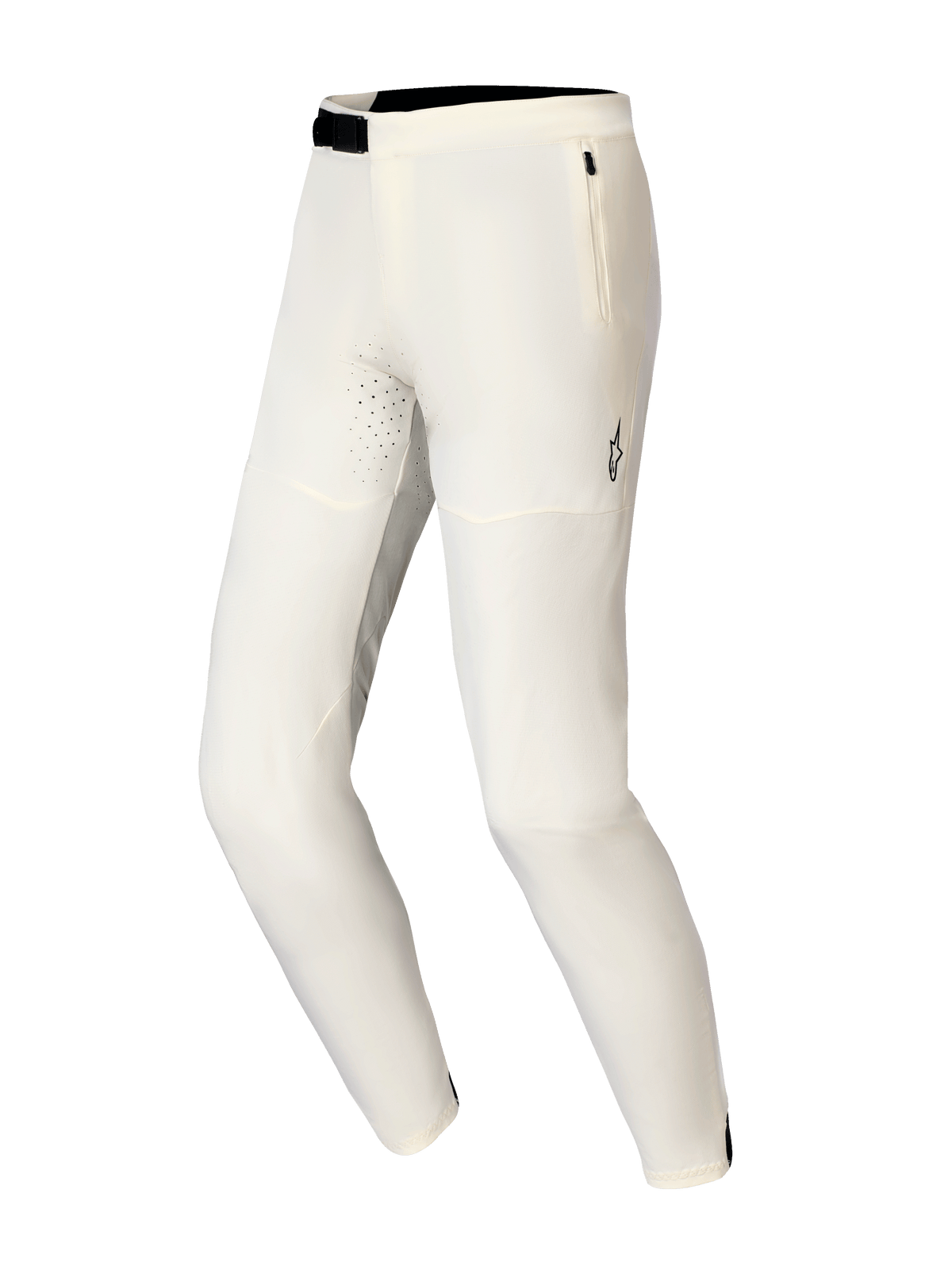 Alpinestars A-Aria Elite Pants, Mountain Bike Pants, Ecru, featuring a black magnetic buckle closure, zippered side pocket, and laser-cut ventilation holes, performance-focused design for off-road cycling