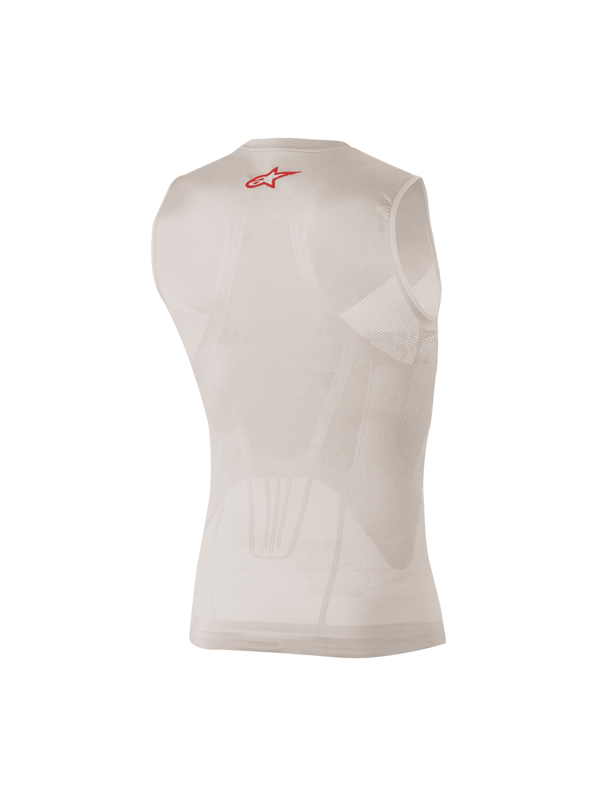 Alpinestars Tech Tank Summer, Silver and Red sleeveless base layer, rear view showing body-mapped mesh panels and a small red logo on the upper back, designed for moisture-wicking and cooling under motocross or MTB gear.
