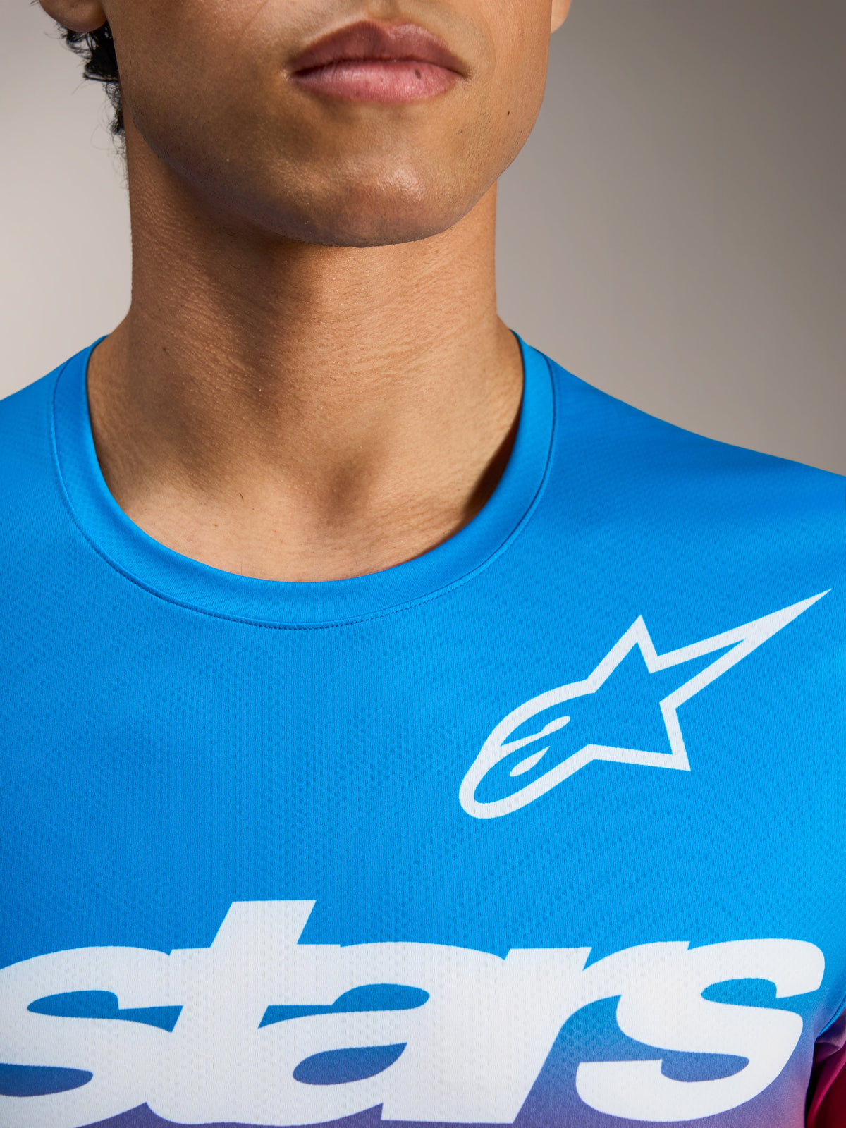 A-Dura ASTARS Jersey 2.0, short sleeve MTB top in bright blue with white chest logo and breathable jacquard fabric.