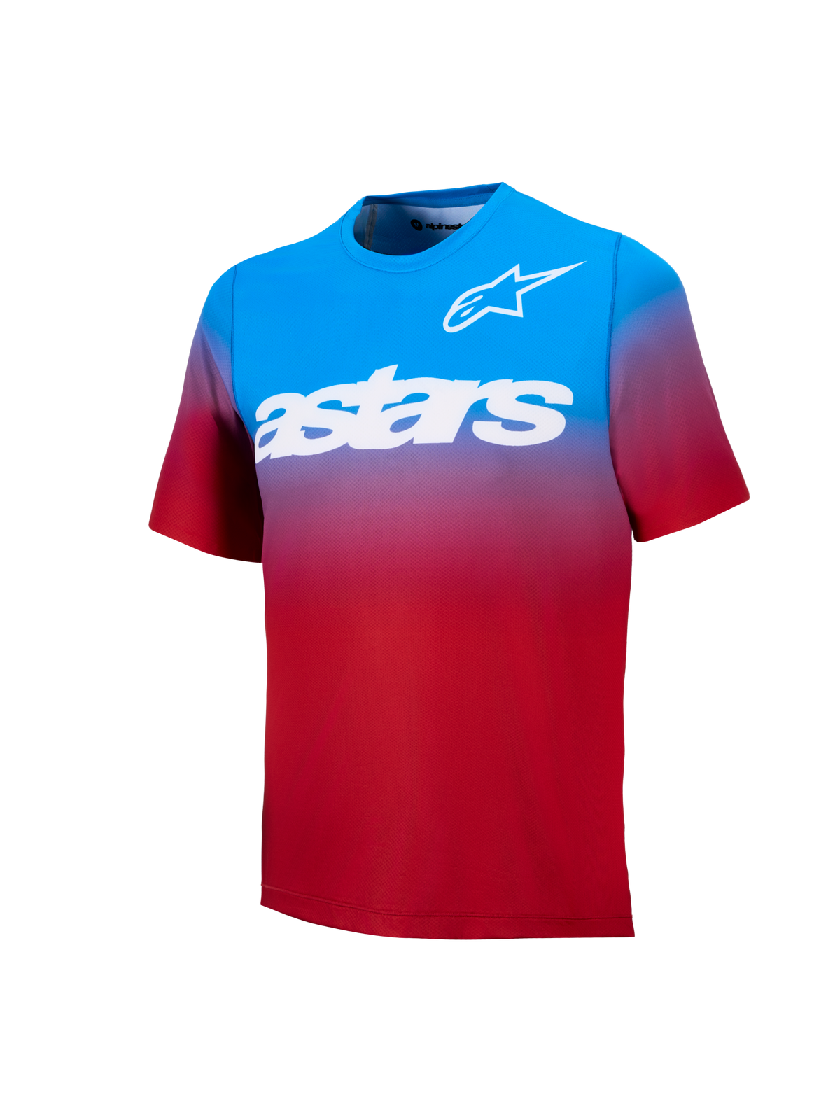 A-Dura ASTARS Jersey 2.0, short sleeve MTB jersey in Bright Red Blue gradient featuring bold white chest graphics.