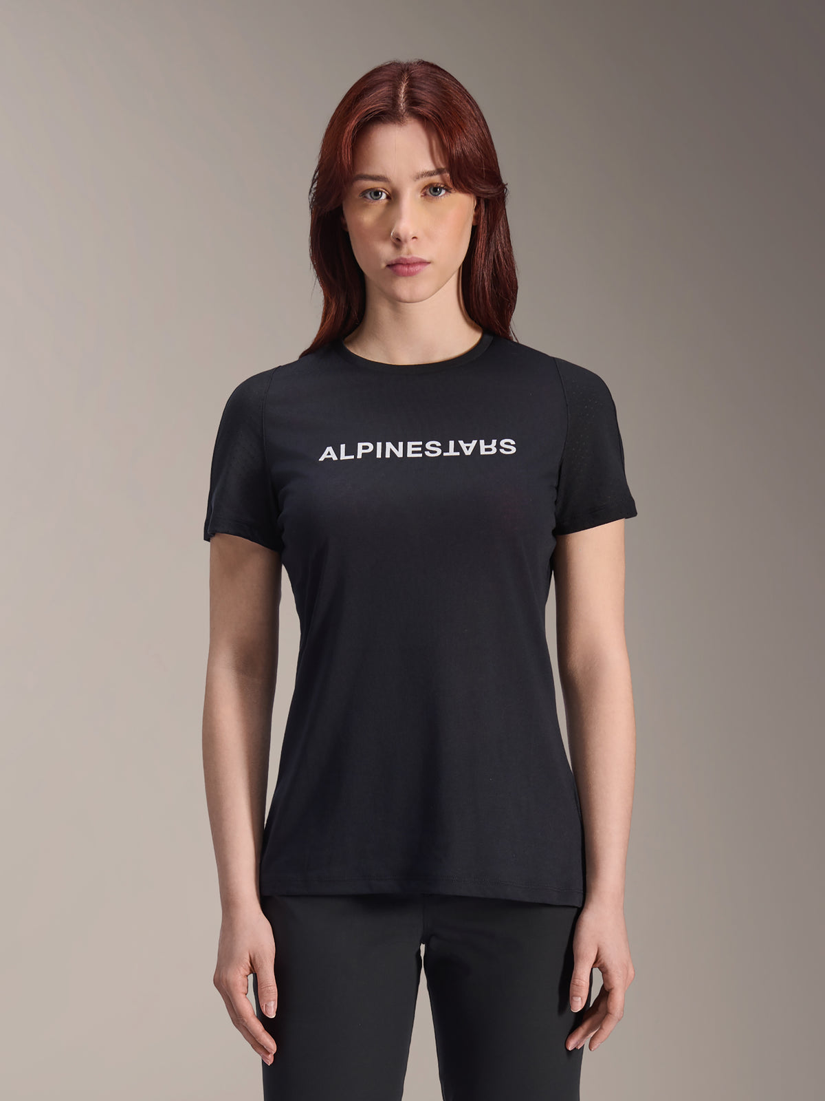 Alpinestars Stella A-Dura Dri Switch Jersey, Women's Short Sleeve MTB Shirt, Black with white Alpinestars chest logo, casual performance fit, technical moisture-wicking fabric for mountain biking