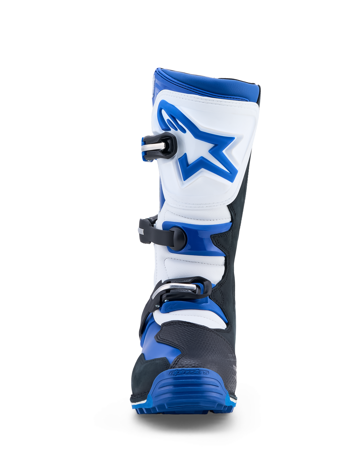 Alpinestars Tech-T Boots, men's trials motorcycle boots in blue, black, and white leather with a secure three-buckle closure.