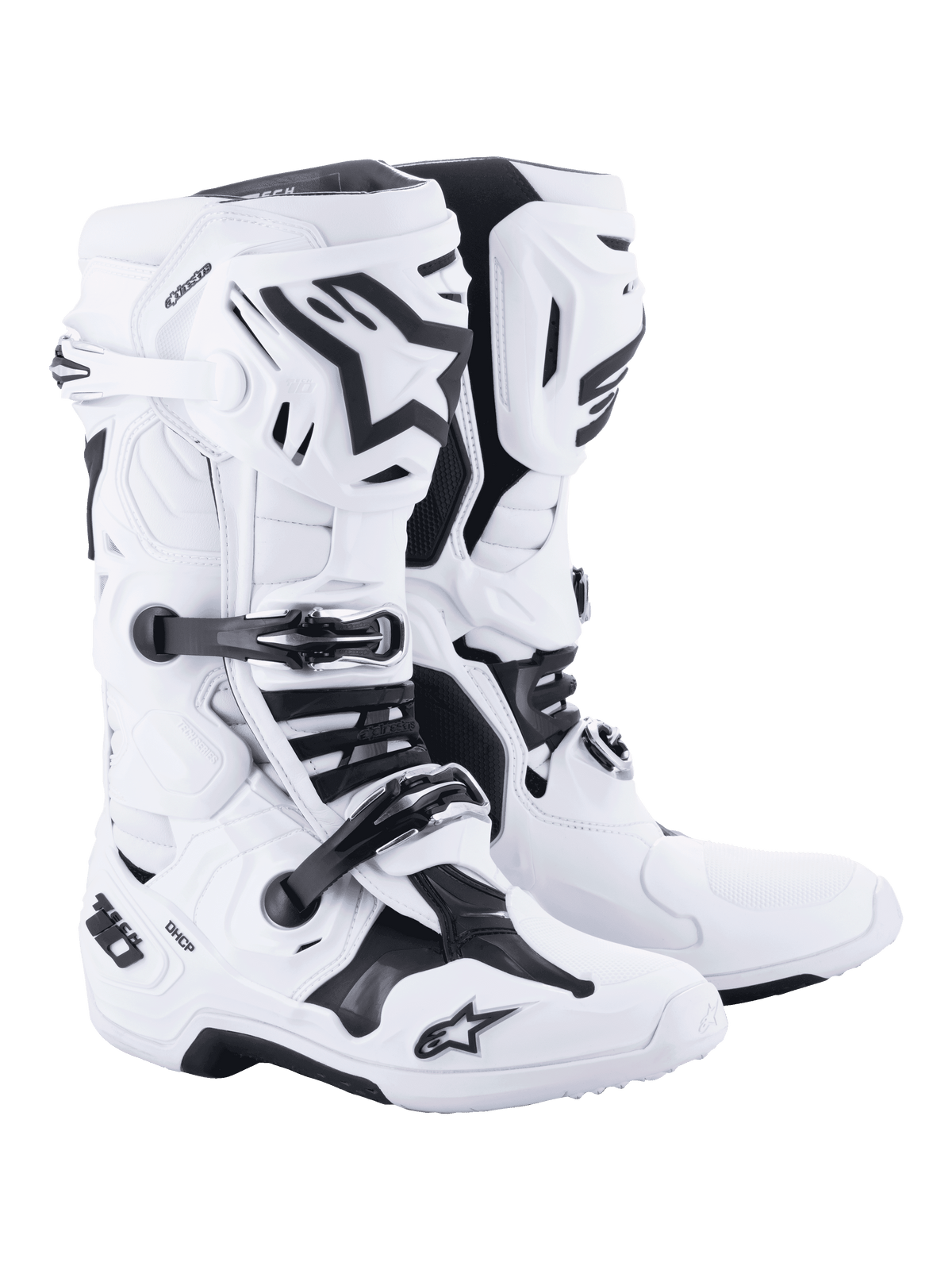 Alpinestars Tech 10 Motocross Boots, White with black accents, rugged high-cut design featuring a triple buckle closure system, TPU shell protection, and advanced flexion control, professional off-road racing footwear