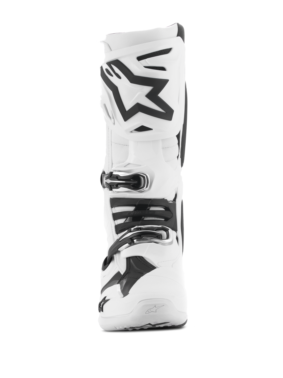Alpinestars Tech 10 Boots, White Motocross Boots, frontal view featuring a black Astars logo on the shin plate, multiple buckle closure system, and streamlined protective design for off-road racing