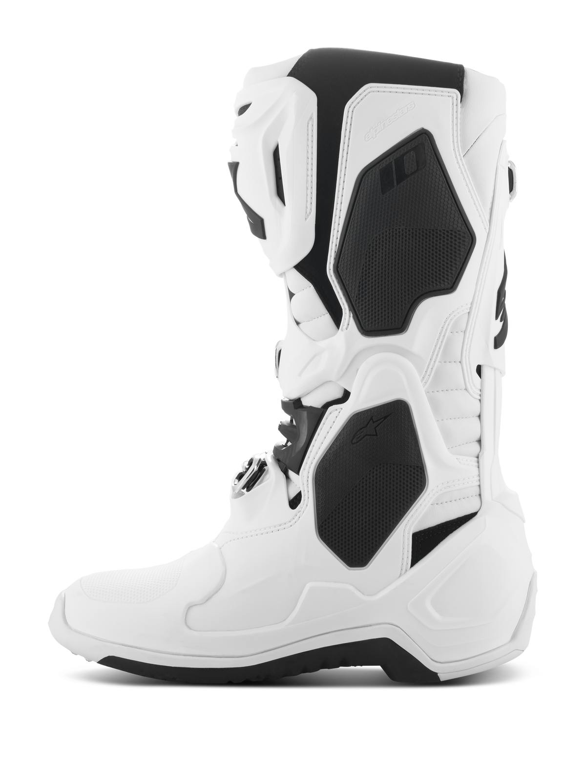 Alpinestars Tech 10 Boots, Motocross Boots, White with Black accents, side profile view showing protective TPU shells, buckle closure system, and high-performance streamlined design for off-road racing.