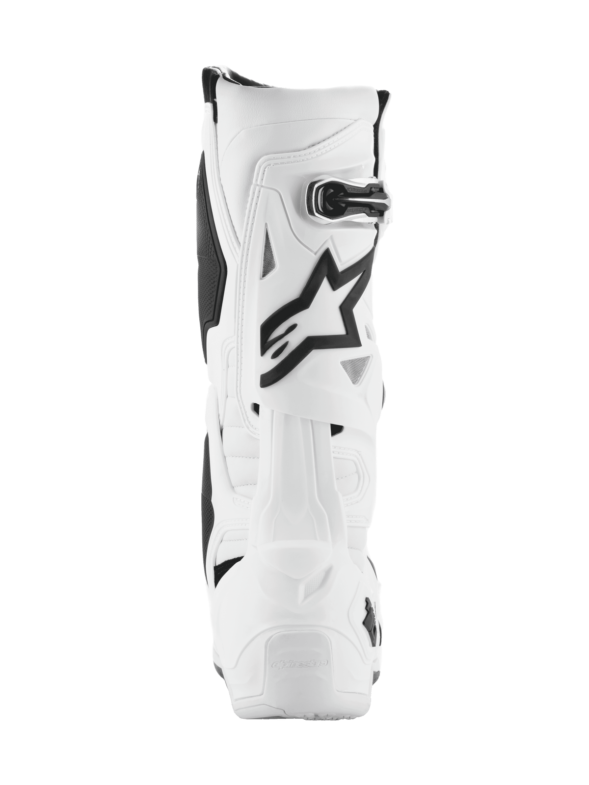Alpinestars Tech 10 Boots, Motocross Boots, White with black accents, rear view featuring the black Astar logo and buckle closure, advanced protective design for off-road racing