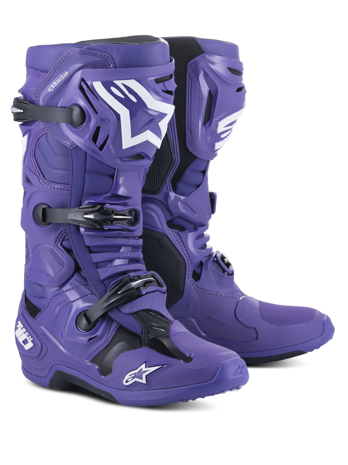 Alpinestars Tech 10 Motocross Boots, Ultraviolet Purple with black and white accents, featuring a triple buckle closure system, TPU protective shell, and Alpinestars star logos, high-performance off-road racing footwear.