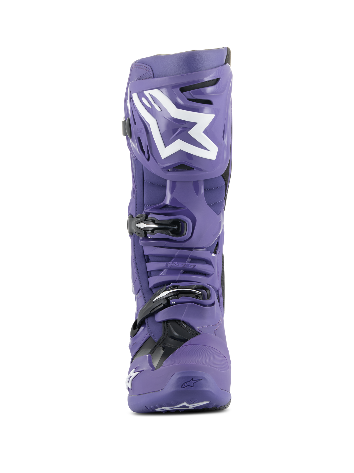 Alpinestars Tech 10 Boots, Motocross Boots, Ultraviolet Purple and Black, front view, featuring white Alpinestars logo on the shin, triple buckle closure system, durable TPU shell for off-road racing
