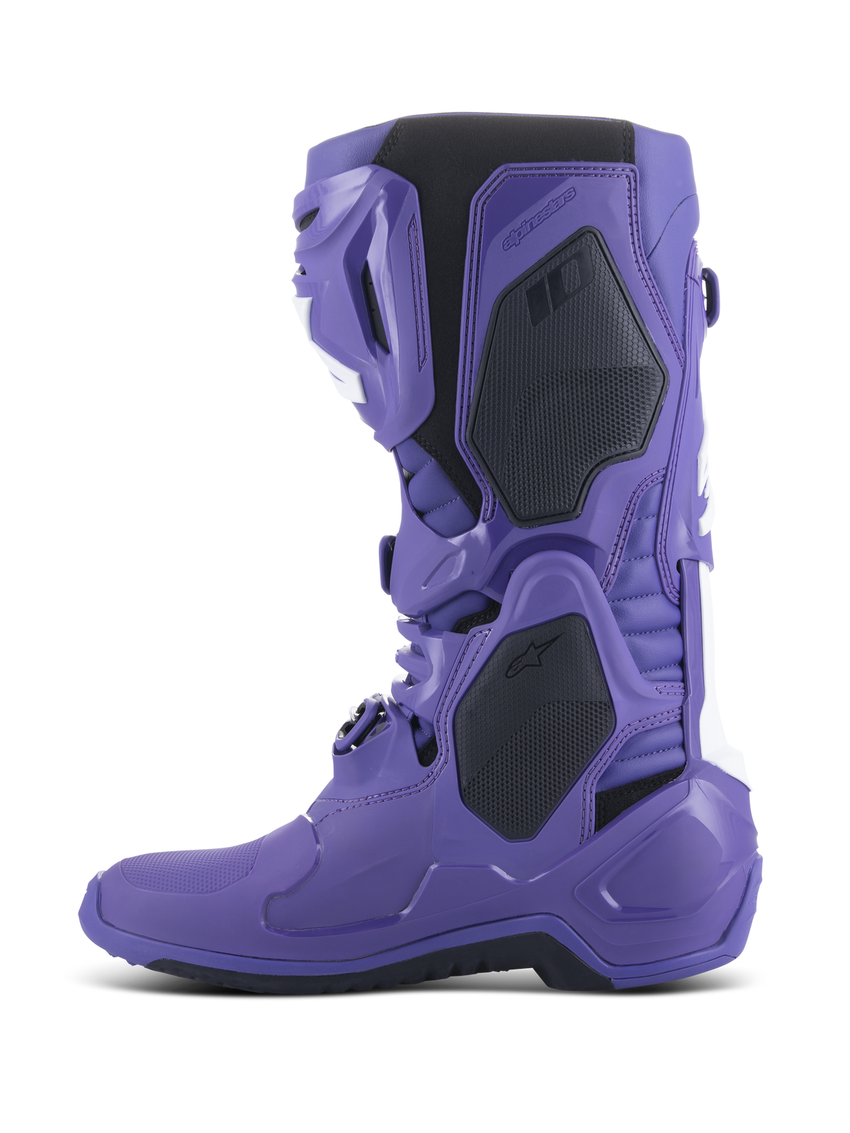 Alpinestars Tech 10 Boots, Motocross Boots, Ultraviolet Black, side profile view, featuring vibrant purple TPU shell with black and white accents, advanced buckle closure system, and reinforced protective panels for off-road performance.