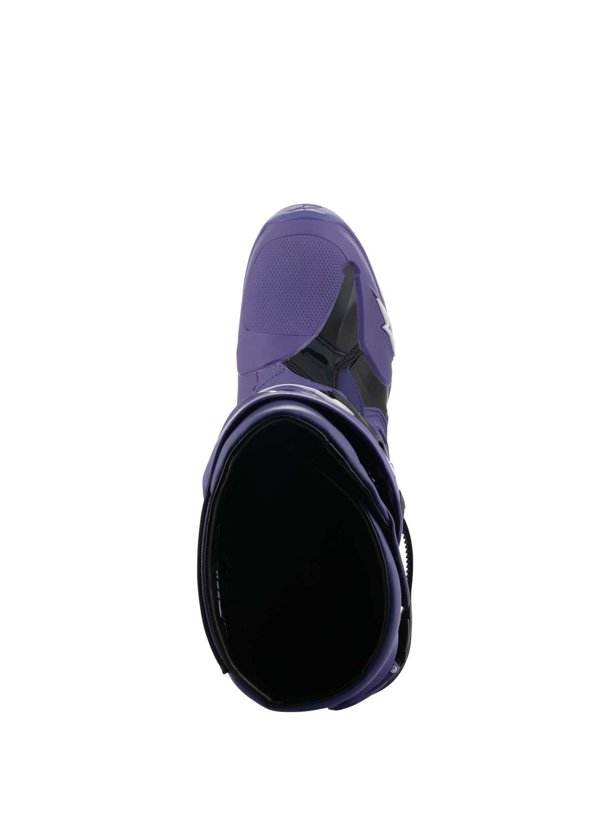 Alpinestars Tech 10 Boots, Motocross Boots, Ultraviolet Black, top-down view looking into the interior opening, purple microfiber and black TPU construction with white logo, professional off-road racing footwear
