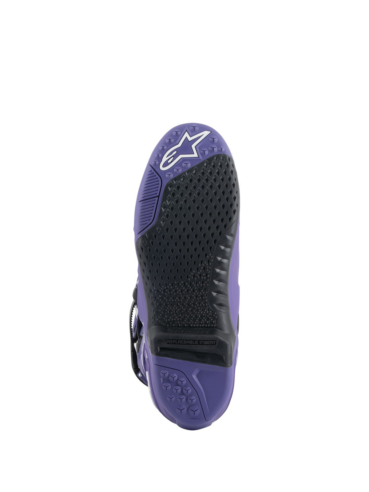 Alpinestars Tech 10 Boots, Motocross Boots, Ultraviolet Black, sole view featuring replaceable black grip insert, purple outsole with textured patterns and white star logo on the toe