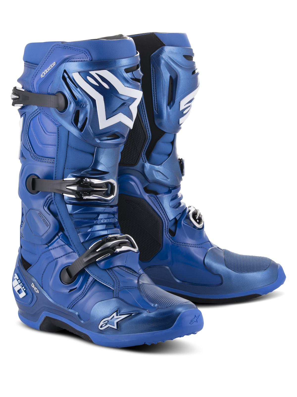 Alpinestars Tech 10 Boots, Motocross Boots, Blue and Black, featuring a triple buckle closure system, white Alpinestars star logo on the shin, rugged TPU shell and reinforced sole for off-road performance