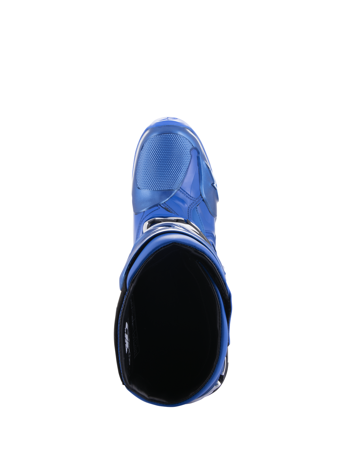 Alpinestars Tech 10 Boots, Motocross Boots, Blue and Black, top-down view looking into the interior lining and calf opening, showing the streamlined design and protective TPU shell
