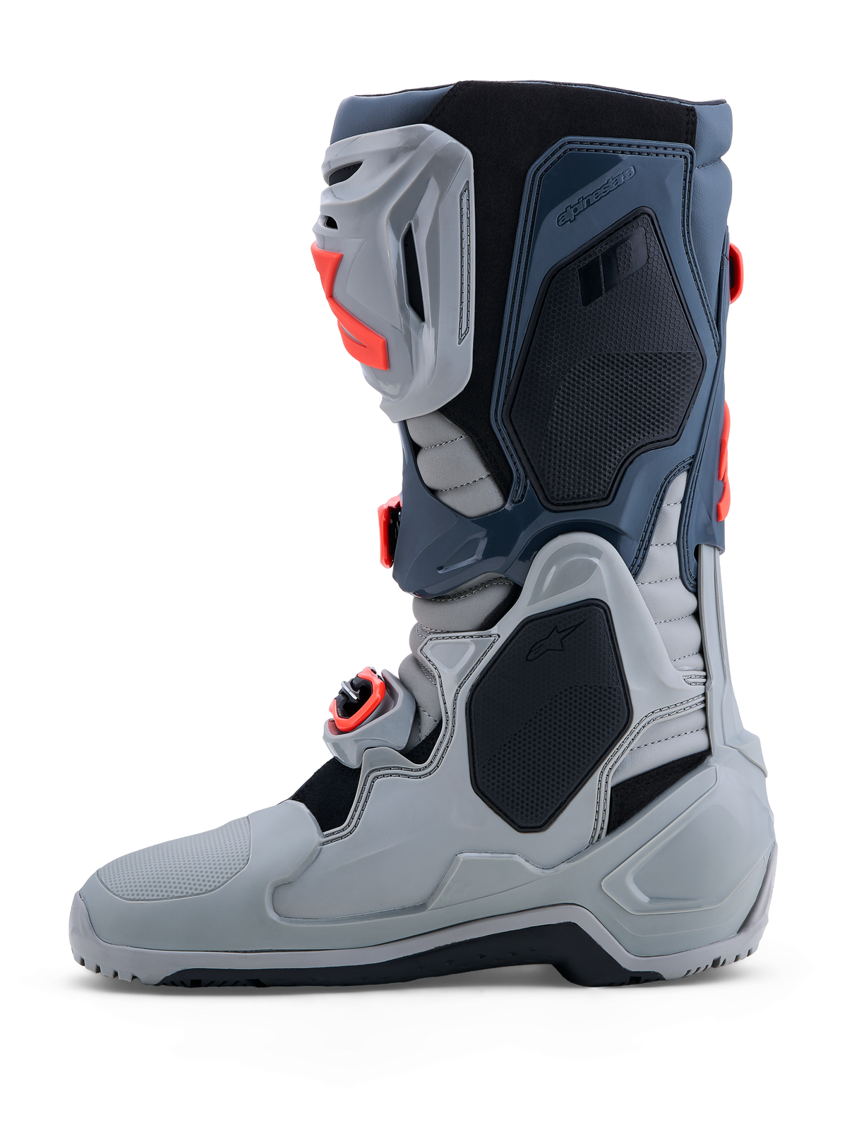 Alpinestars Tech-10 Enduro Boots, Men's gray and red off-road racing boots featuring advanced TPU armor and buckles.