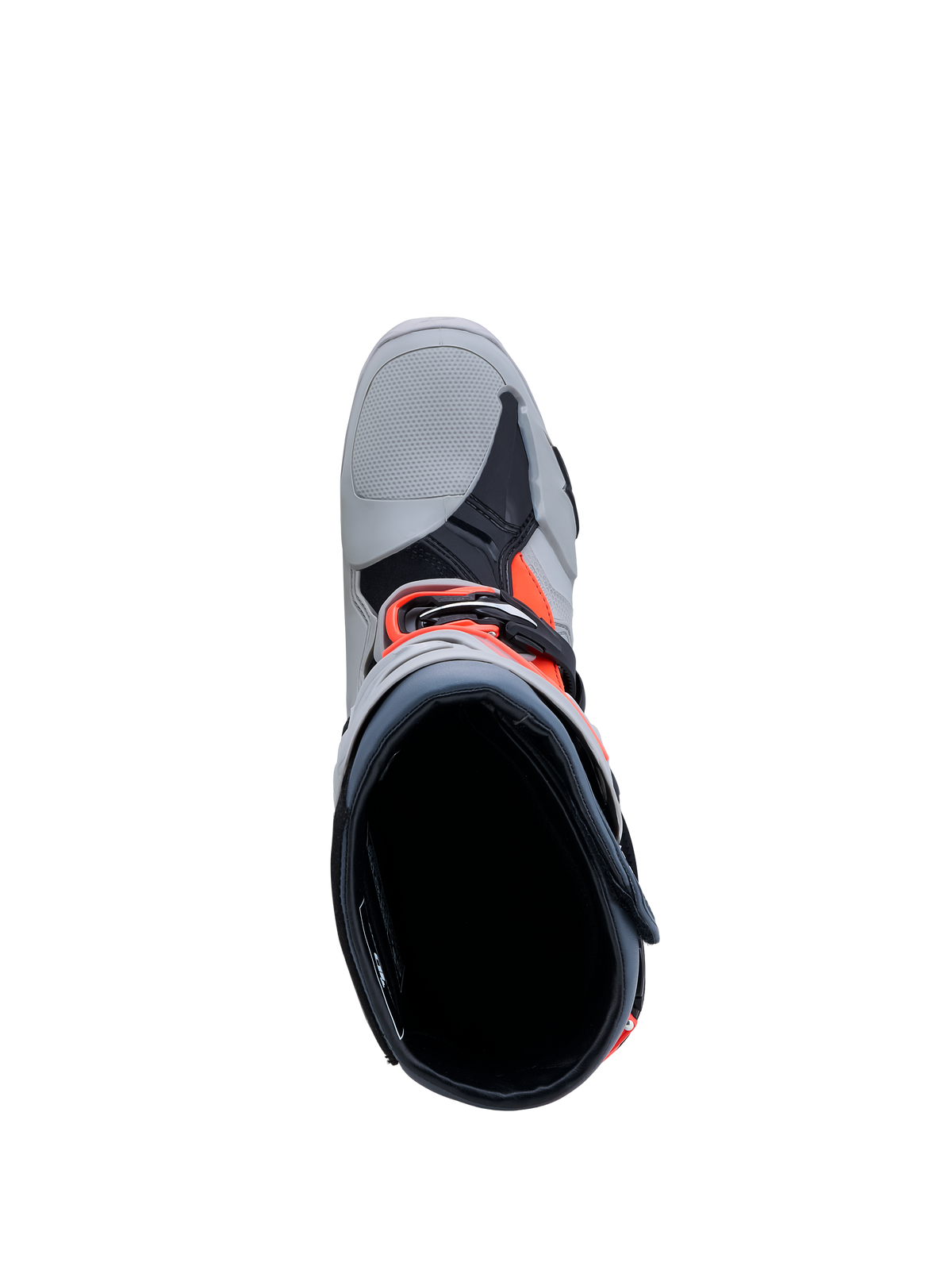 Alpinestars Tech-10 Enduro Boots, Men's Motocross Boots in Gray and Red Fluo, top-down view showing interior and buckle closure.