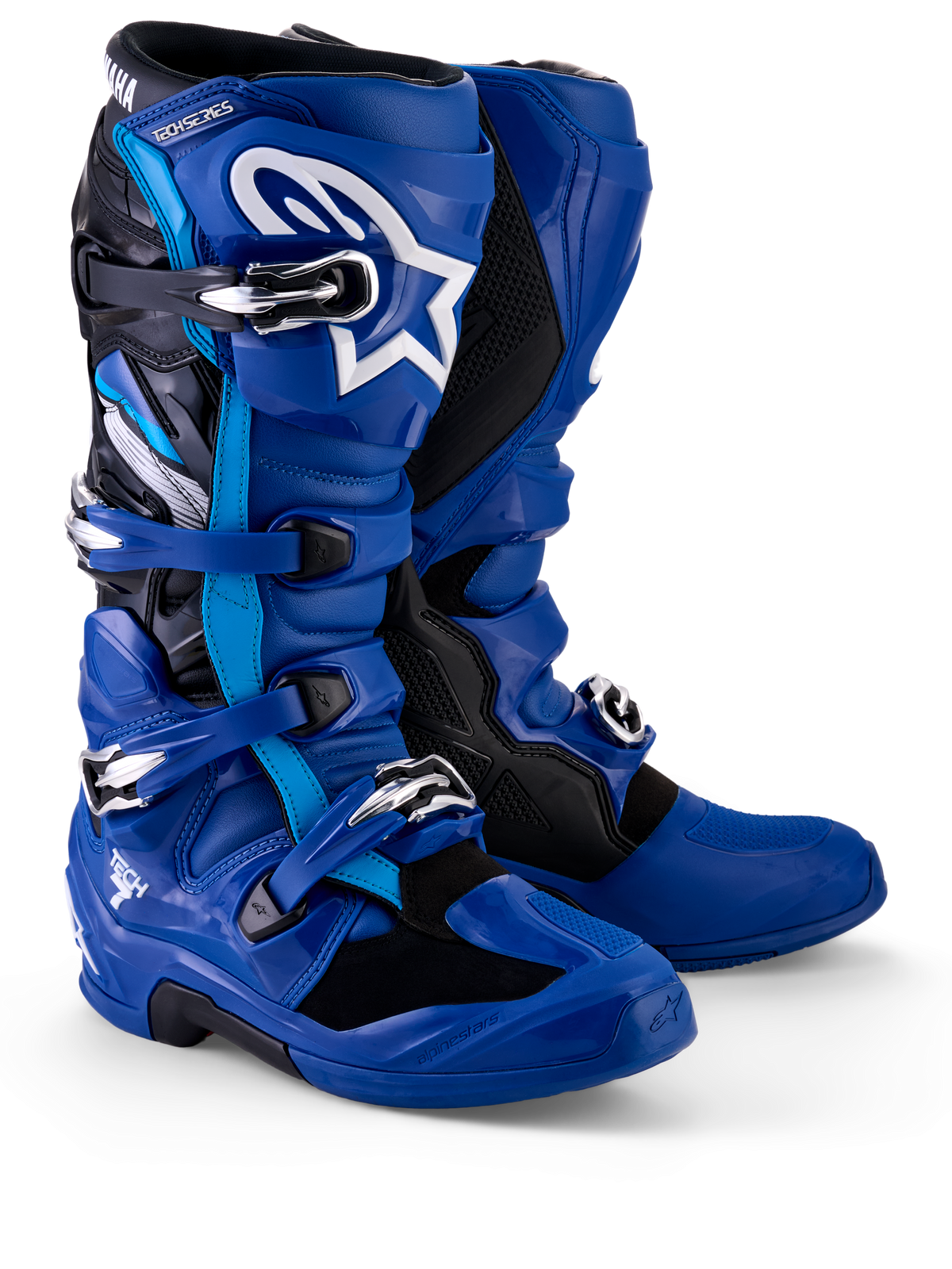 Alpinestars Yamaha Tech 7 Boots, Motocross Boots, Blue Black and White, featuring a multi-buckle closure system, TPU shin plate with white Astar logo, and Yamaha branding on the top gaiter, designed for off-road performance