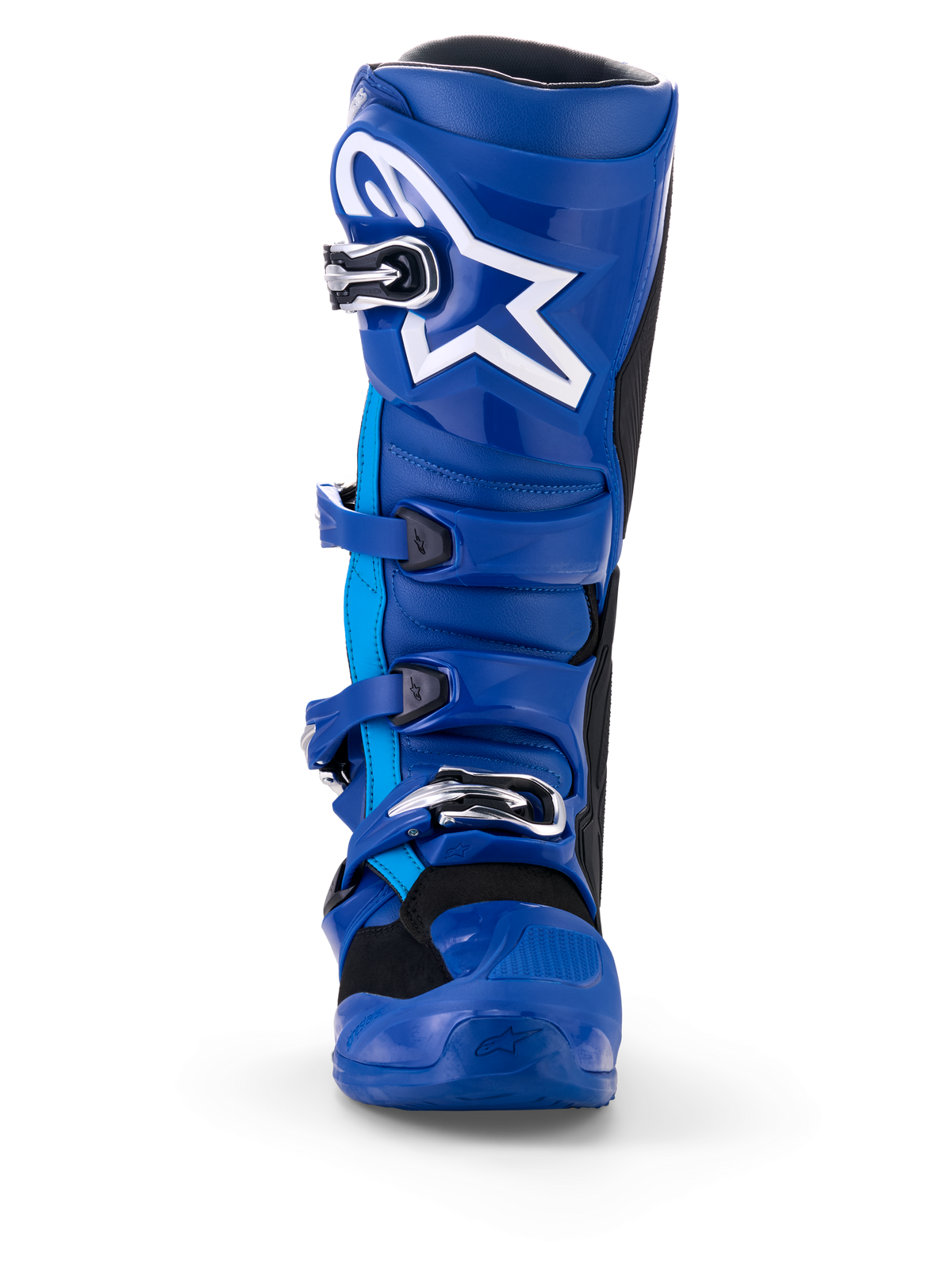 Alpinestars Yamaha Tech 7 Boots, Motocross Boots, Blue and White, front view, featuring white Astar logo, silver buckle system, and rugged TPU protective shell for dirt bike racing