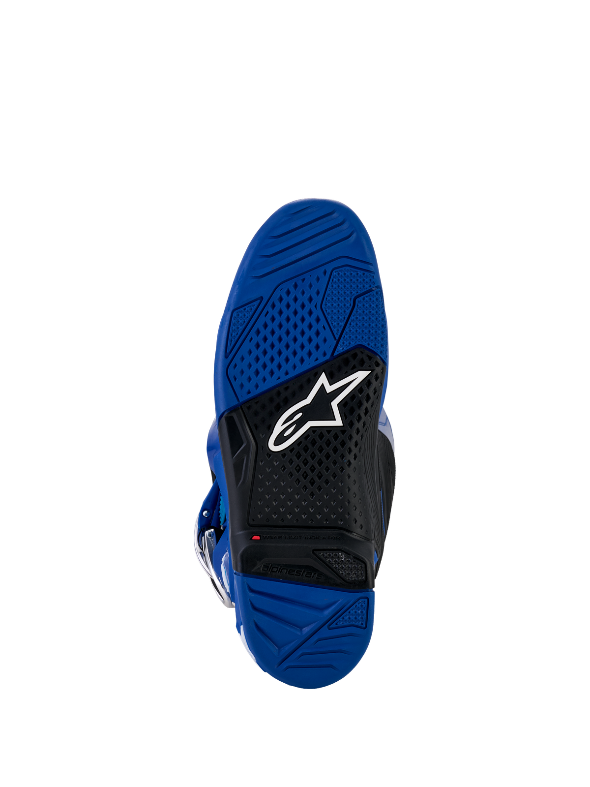 Alpinestars Yamaha Tech 7 Boots, Motocross Boots, Blue and Black sole view, dual-compound vulcanized rubber outsole with textured grip pattern, featuring a white Alpinestars logo and red wear limit indicator